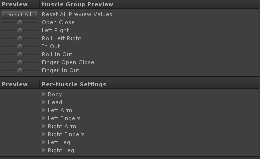 Unity - Manual: Avatar Muscle & Settings tab