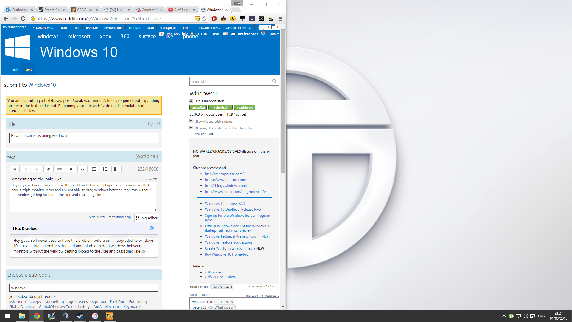 How to disable cascading windows? r/Windows10
