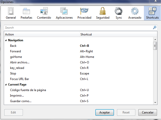 Cambiar atajos de letras Firefox