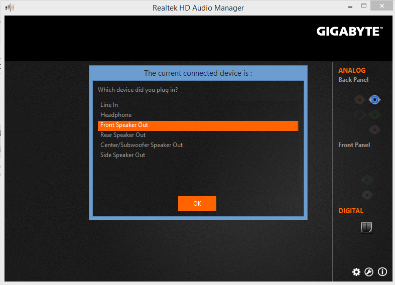 gigabyte realtek hd audio manager error removed audio jack