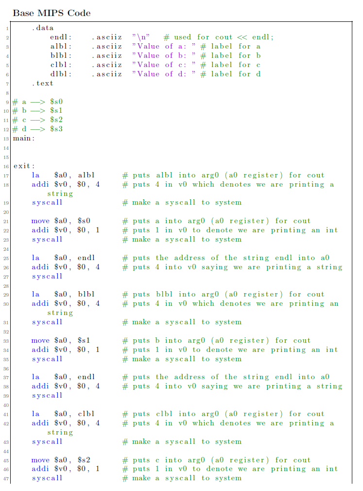 convert c code to missp assembly