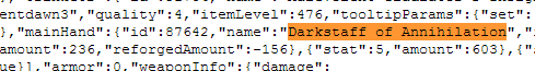 Doing a search I see the Armory API is reporting the Darkstaff in your mainhand as of this post.