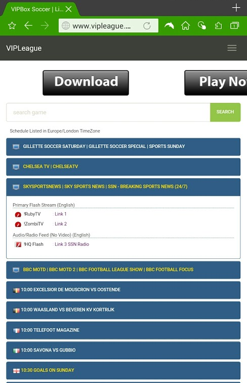 VIPLeague Mobile Schedule page