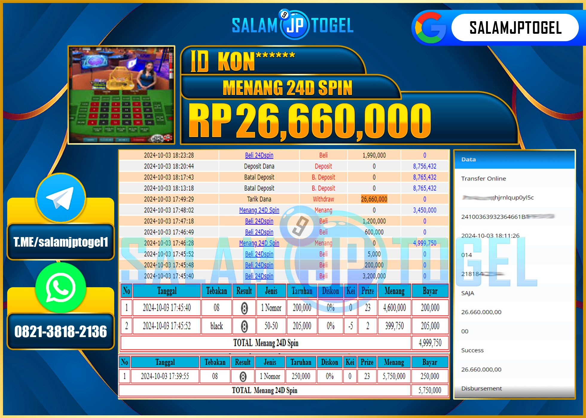 SALAMJPTOGEL MENANG LIVEGAMES 24D Spin RP. 26,660,000 LUNAS