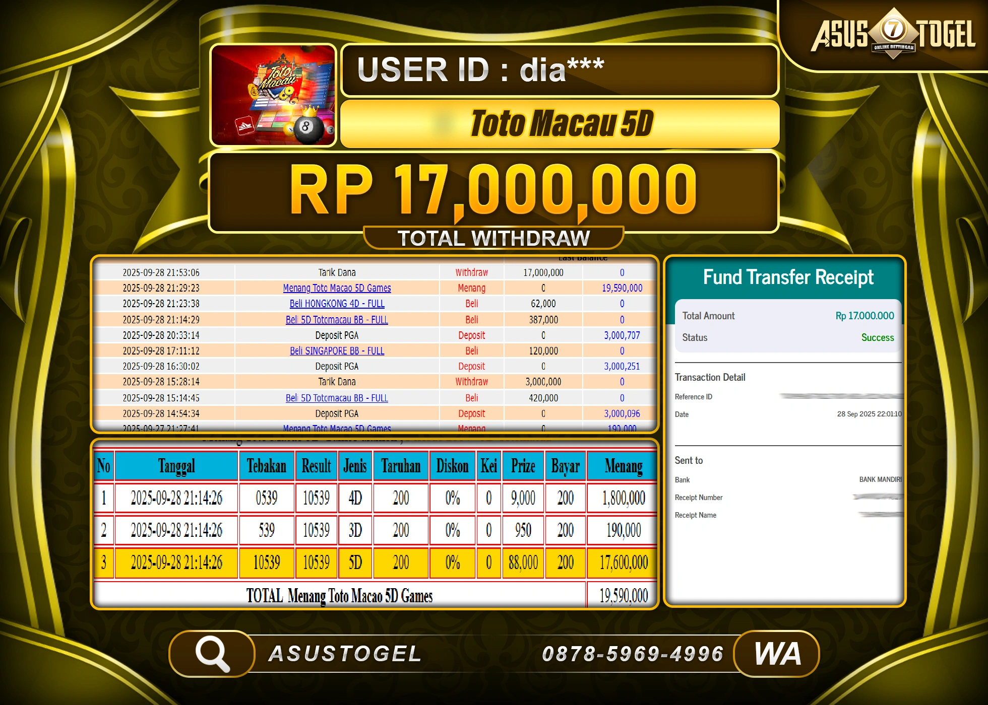 ASUSTOGEL KEMENANGAN DI TOGEL TOTO MACAU 5D SEBESAR 17,000,000- RUPIAH LUNAS