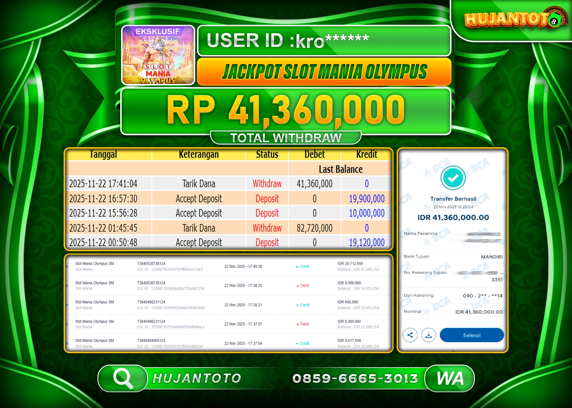 HUJANTOTO - BUKTI JACKPOT MENANG SLOT MANIA OLYMPUS Rp.41,360,000 - TERBAYAR LUNAS