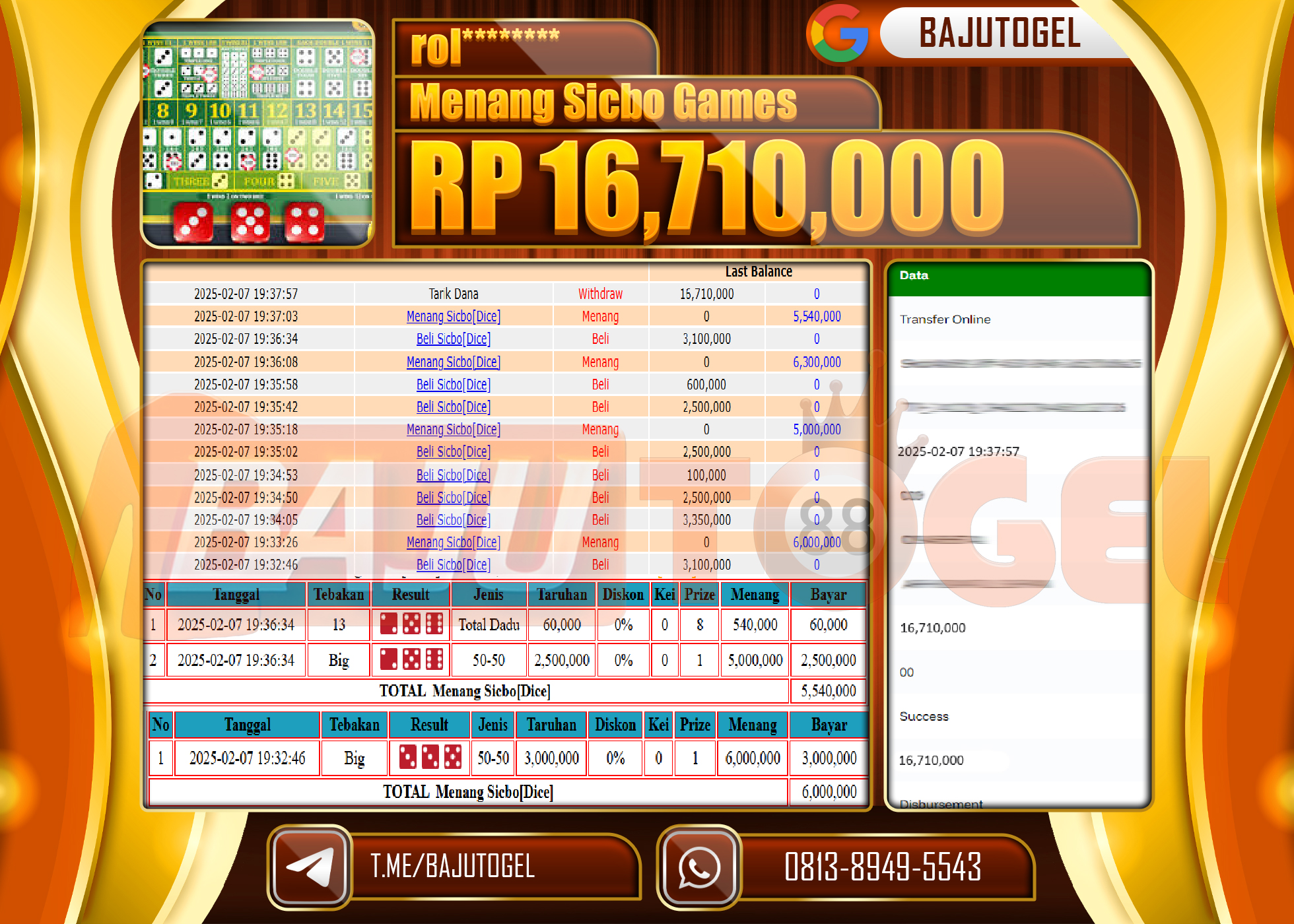 BAJUTOGEL KEMENANGAN LIVE SICBO GAMES Rp.16.710.000 LUNAS
