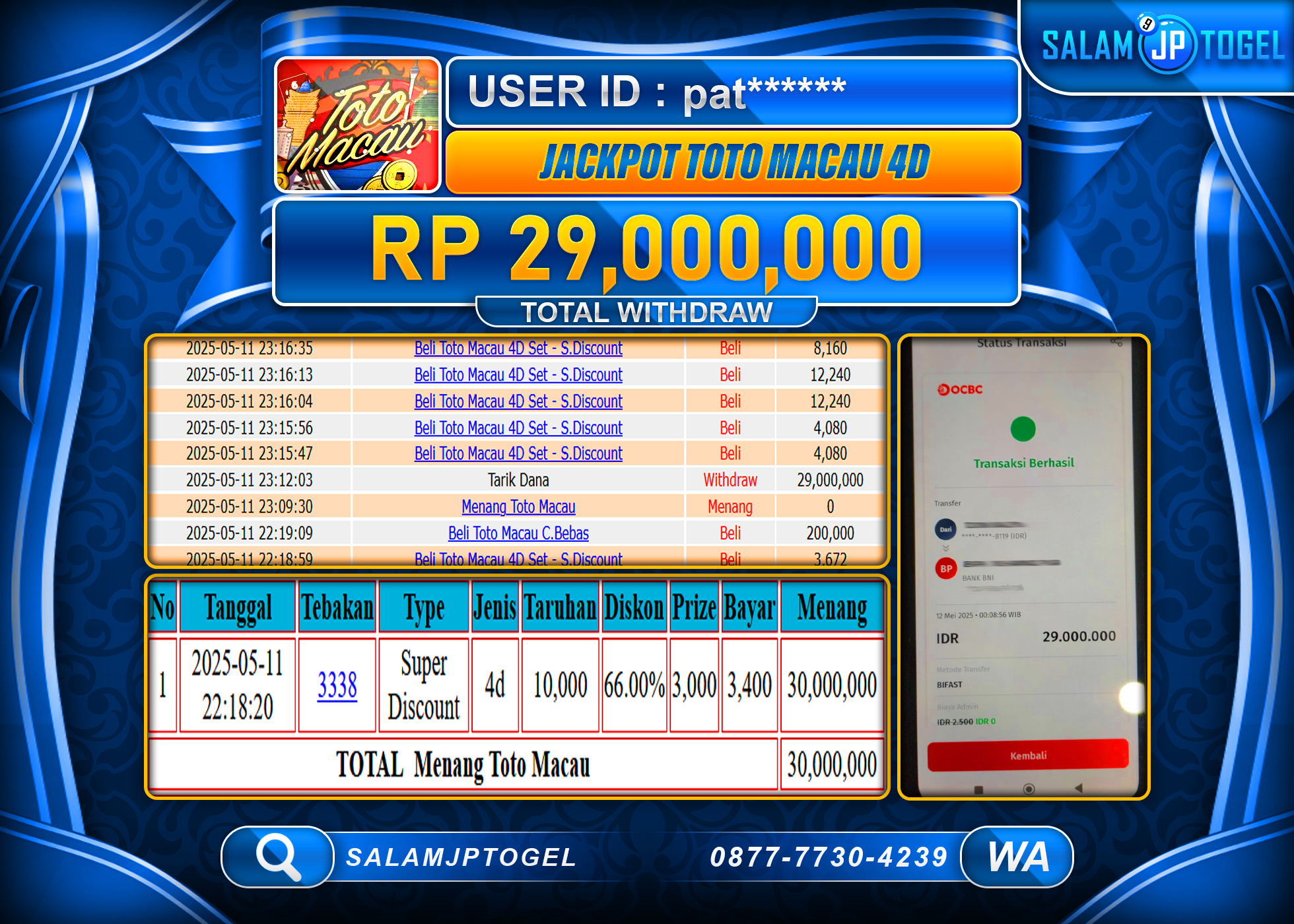 SALAMJPTOGEL MENANG TOTO MACAU 4D Rp.29,000,000 LUNAS