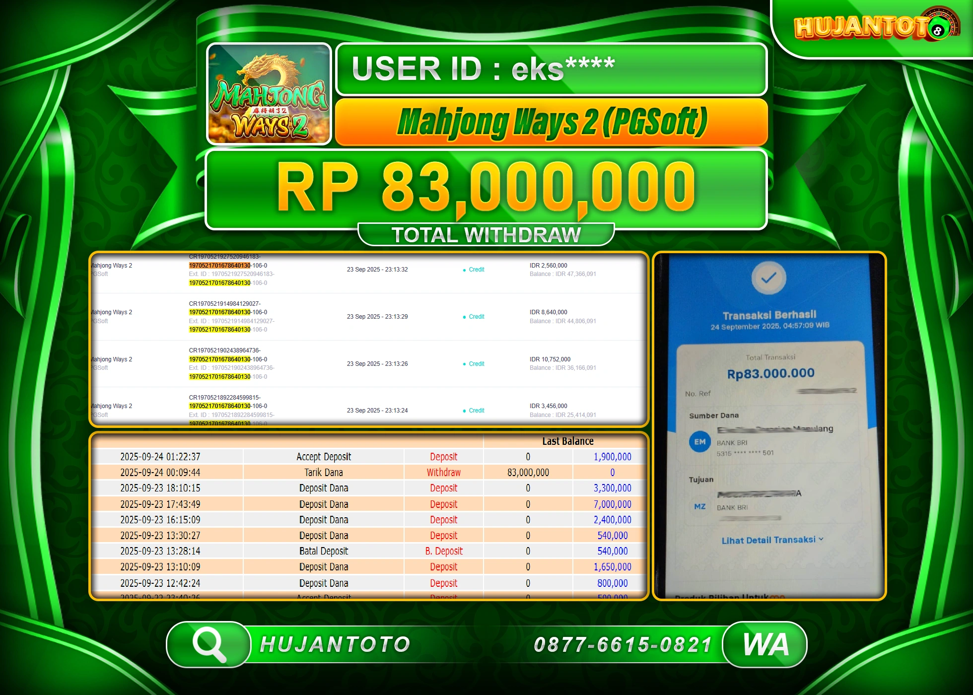 HUJANTOTO - BUKTI JACKPOT MENANG SLOT MAHJONG WAYS 2 Rp83,000,000 - TERBAYAR LUNAS