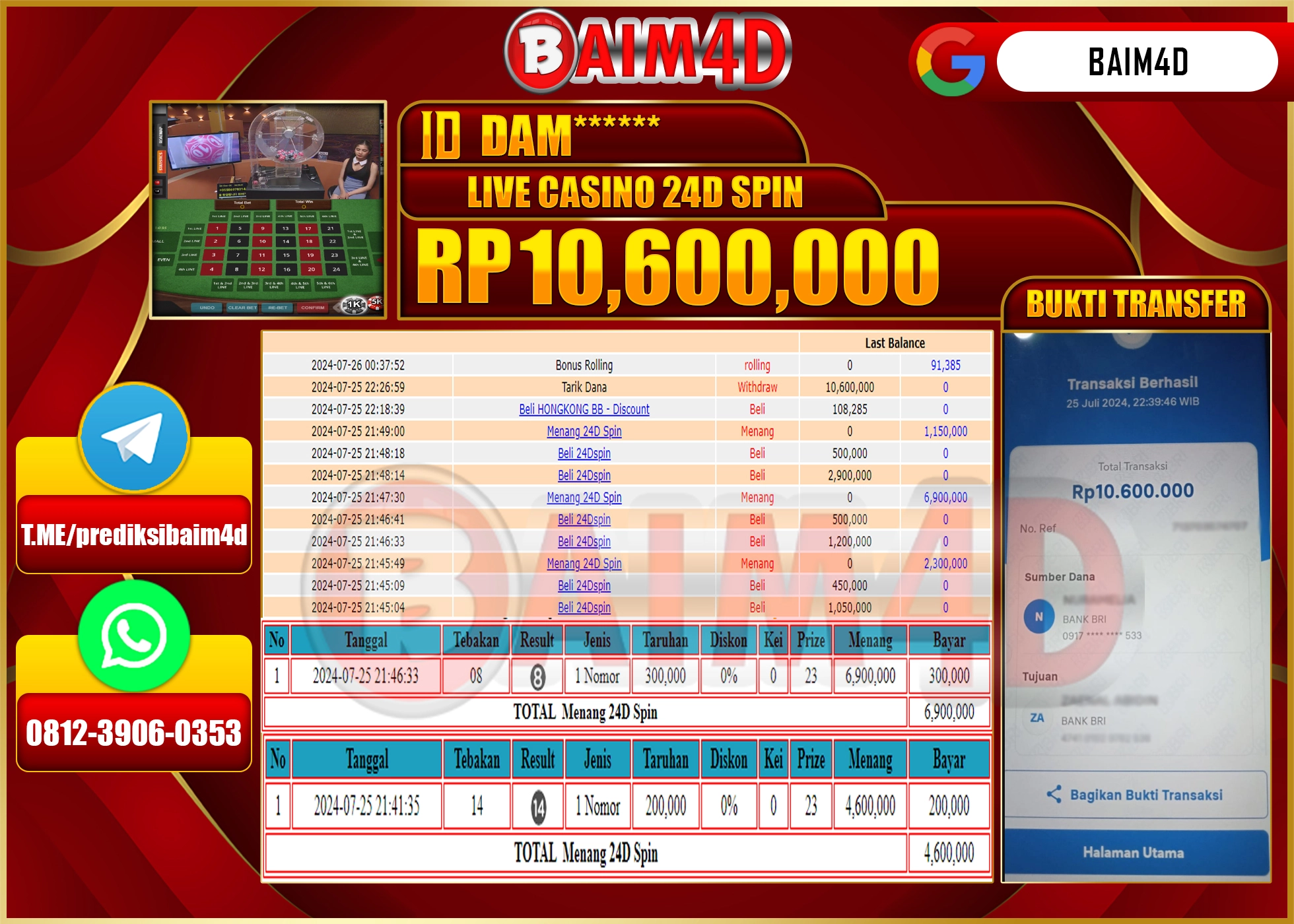 BAIM4D JACKPOT  LIVE CASINO 24D SPIN Rp.10.600,000.- LUNAS