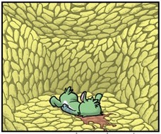 Panel from the webcomic Bear Nuts depicting Crack Bear trapped in a room made of corn facedown in his own vomit