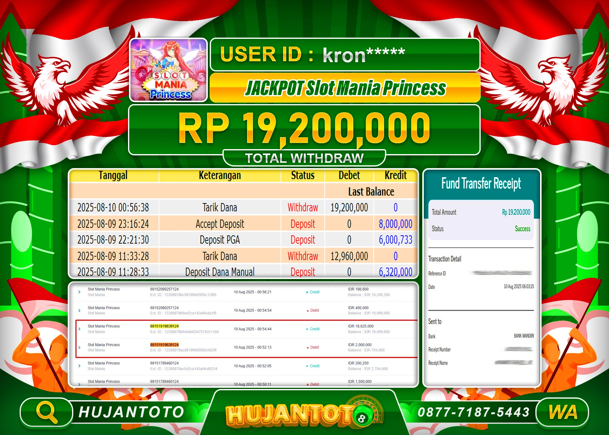 HUJANTOTO - BUKTI JACKPOT MENANG SLOT MANIA PRINCESS Rp.19,200,000 - TERBAYAR LUNAS