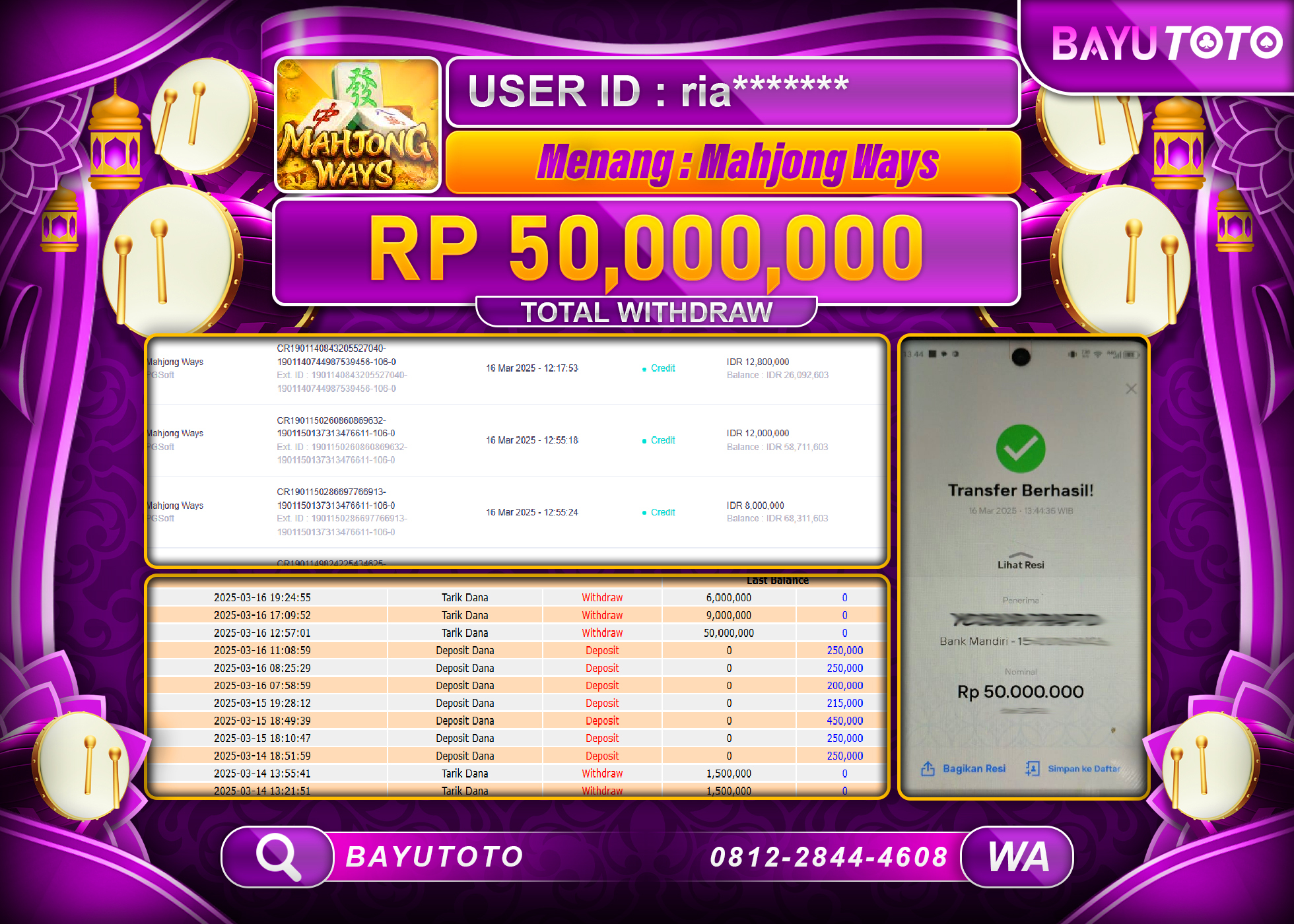 BAYUTOTO JACKPOT  DI SLOT MAHJONG WAYS  PG SOFT Rp.50.000.000 LUNAS