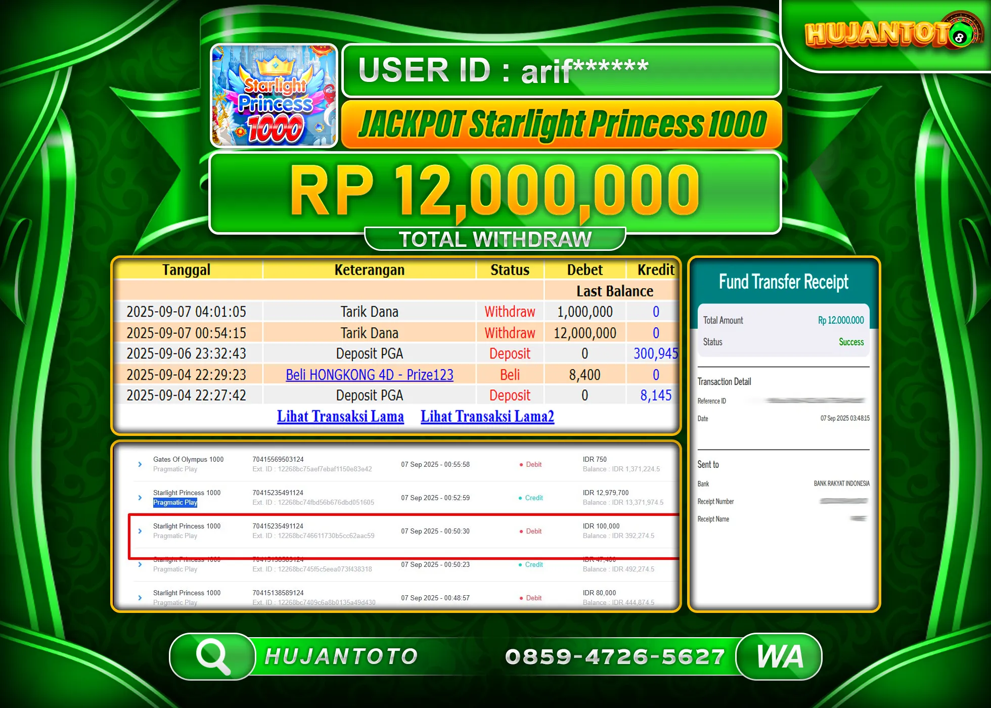 HUJANTOTO - BUKTI JACKPOT MENANG SLOT STARLIGHT PRINCESS 1000 Rp.12,000,000 - TERBAYAR LUNAS