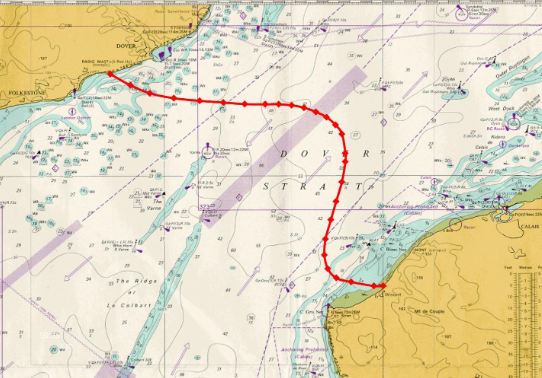 The route Brojen Das would swim over 6 times across his swimming career between England and France.