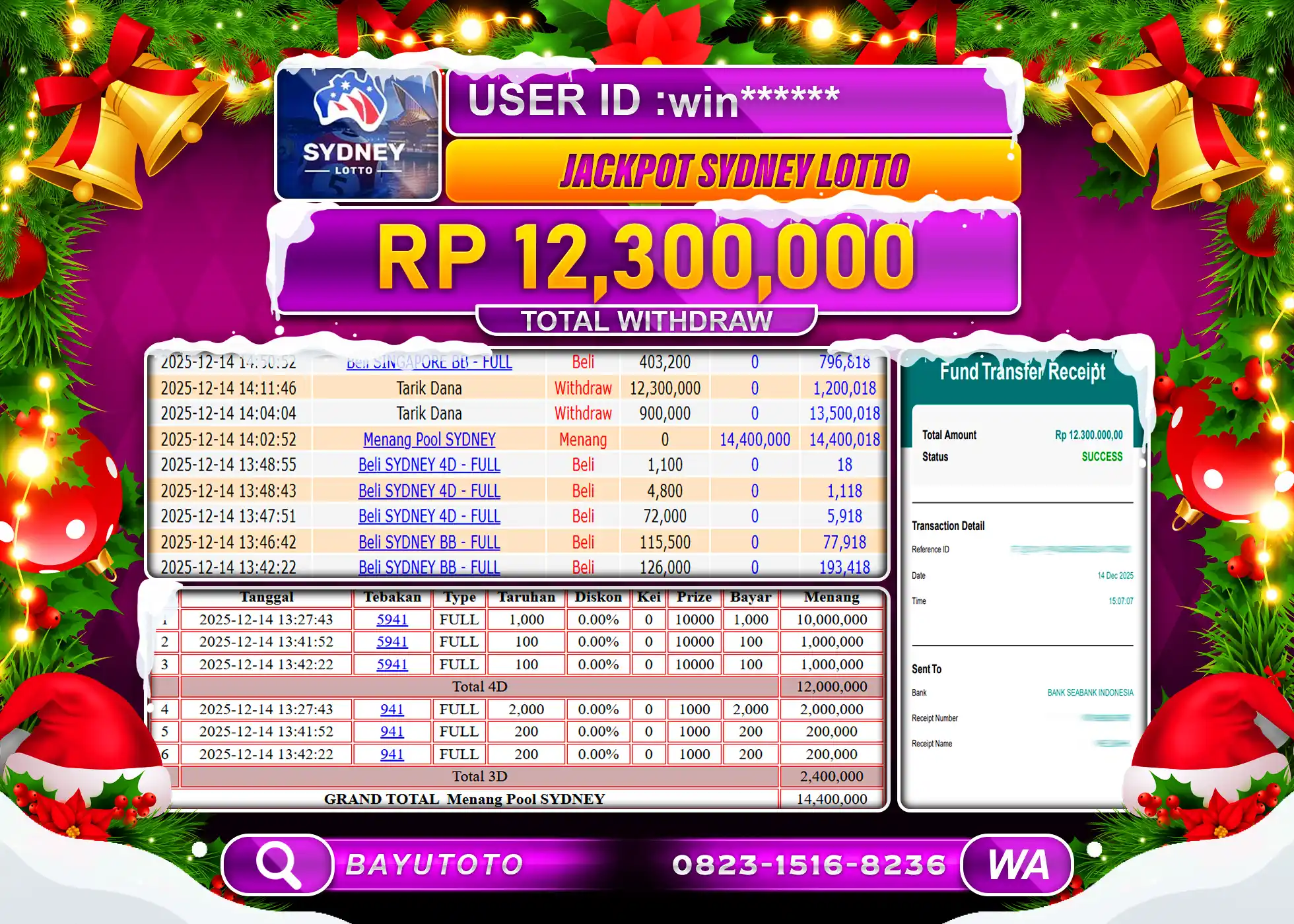 SELAMAT MEMBER SETIA BAYUTOTO JACKPOT DI TOGEL SYDNEY LOTTO Rp.12,300,000  LUNAS