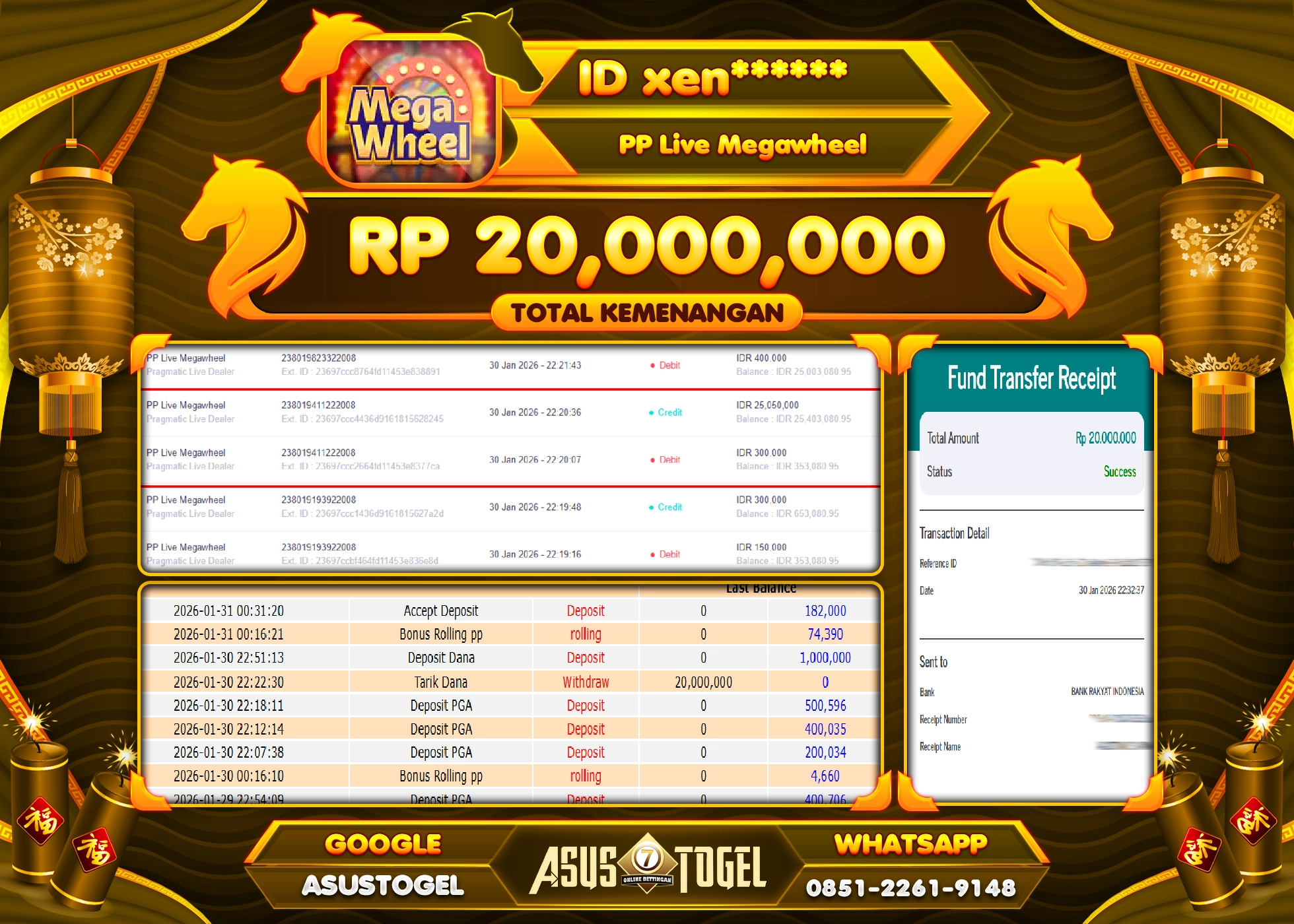 ASUSTOGEL KEMENANGAN DI LIVE GAMES PP MEGAWHEEL SEBESAR 20,000,000 - RUPIAH LUNAS