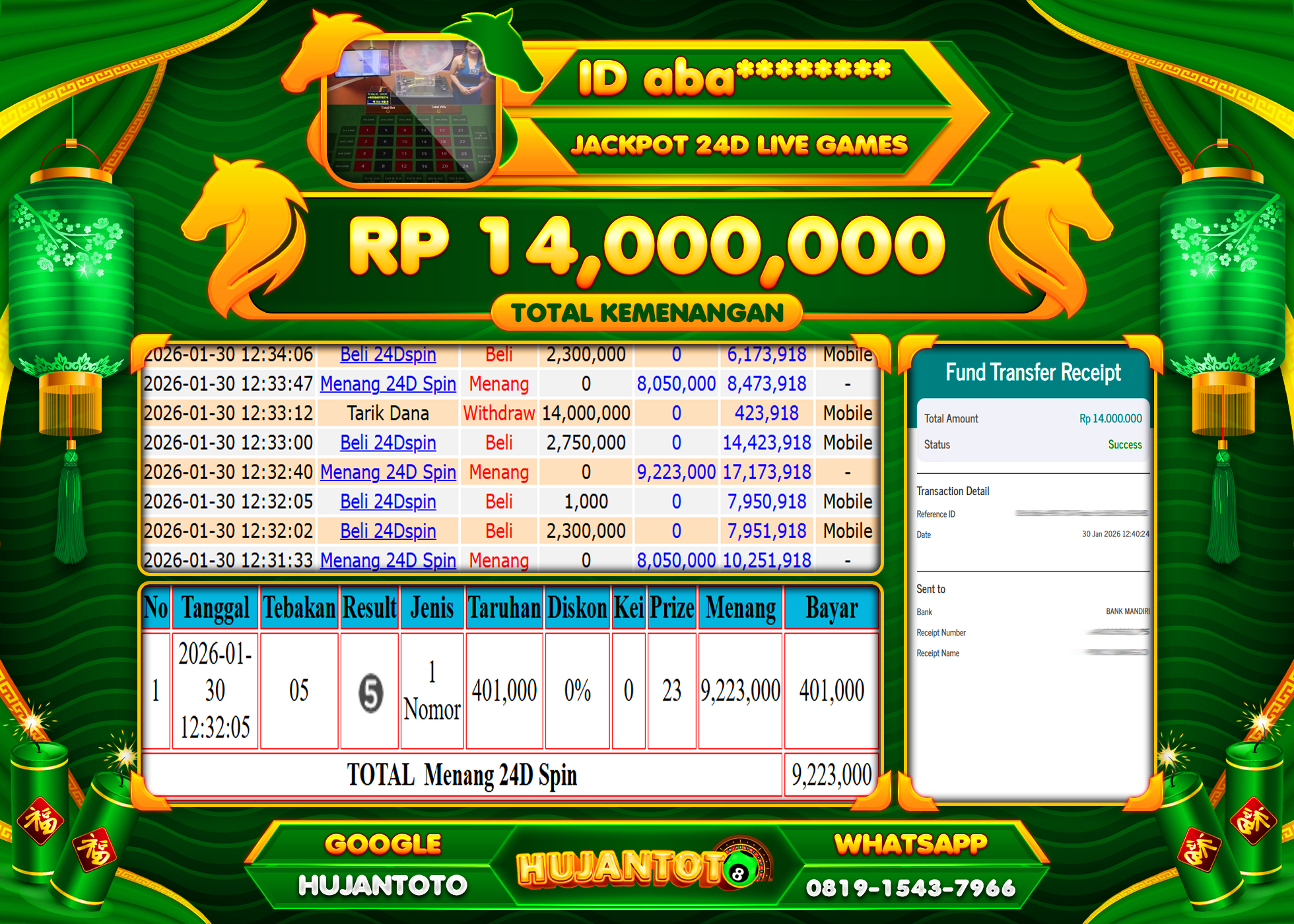 HUJANTOTO - BUKTI JACKPOT MENANG LIVEGAMES 24D SPIN Rp.14,000,000 - TERBAYAR LUNAS
