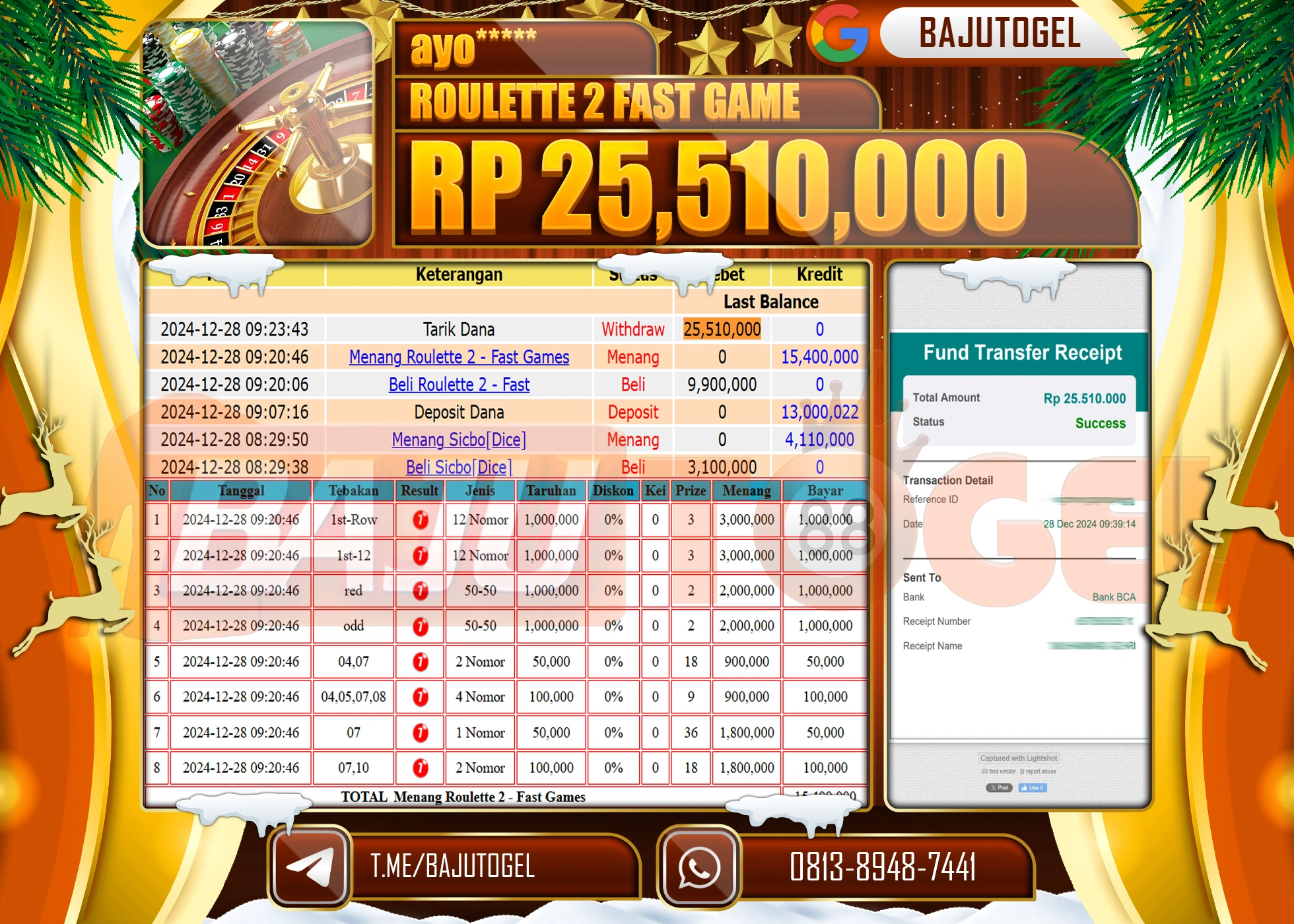 BAJUTOGEL JACKPOT ROULLETE 2 FAST GAMES Rp.10.000.000 LUNAS