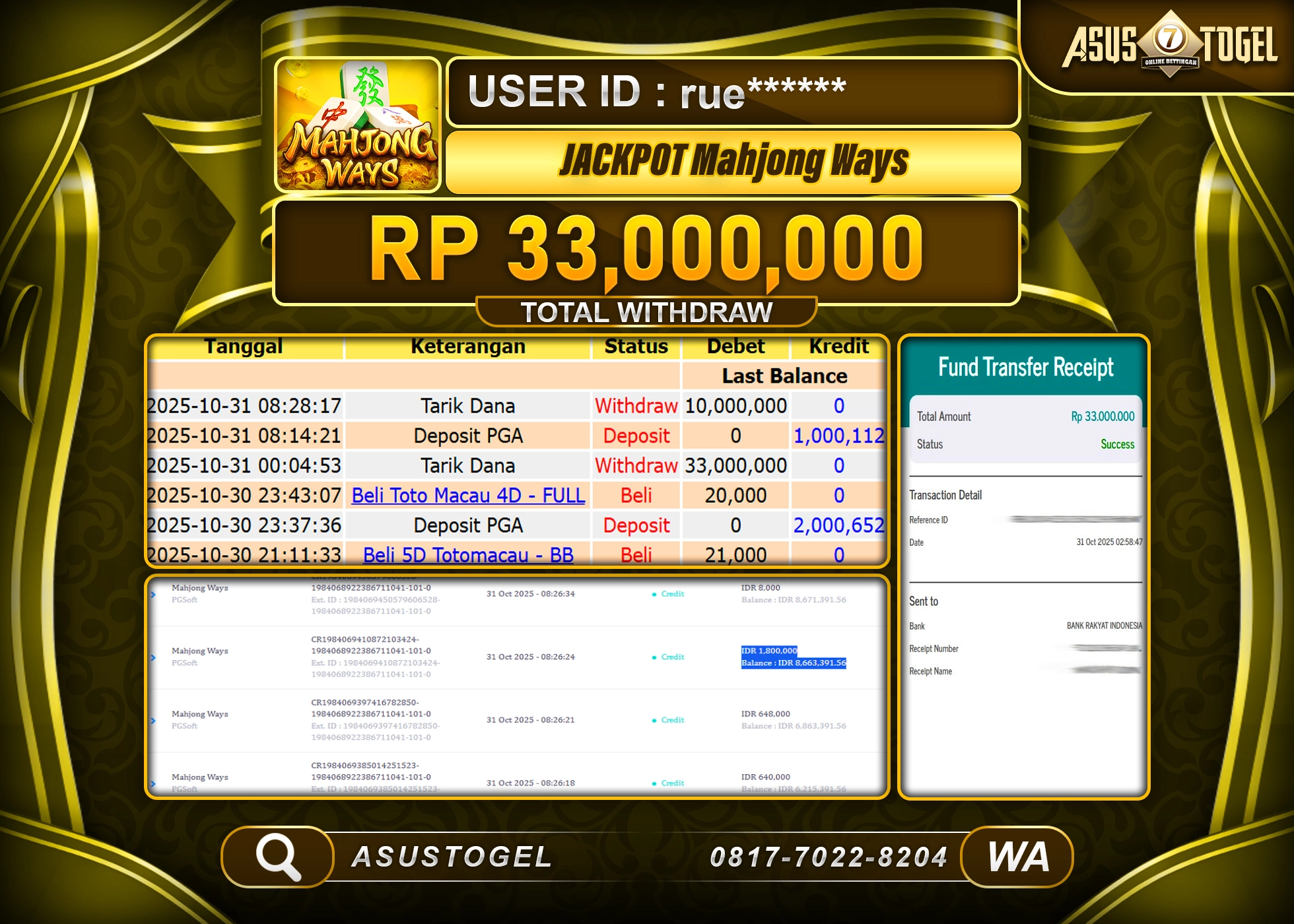 ASUSTOGEL KEMENANGAN DI SLOT MAHJONG WAYS SEBESAR 33,000,000 - RUPIAH LUNAS