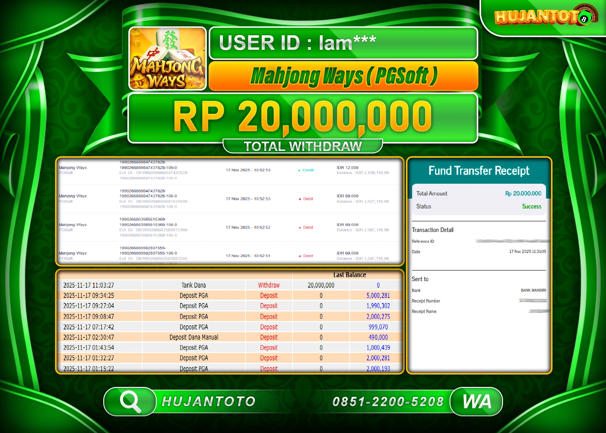 HUJANTOTO - BUKTI JACKPOT MENANG SLOT MAHJONG WAYS ( PG SOFT ) Rp.20,000,000 - TERBAYAR LUNAS