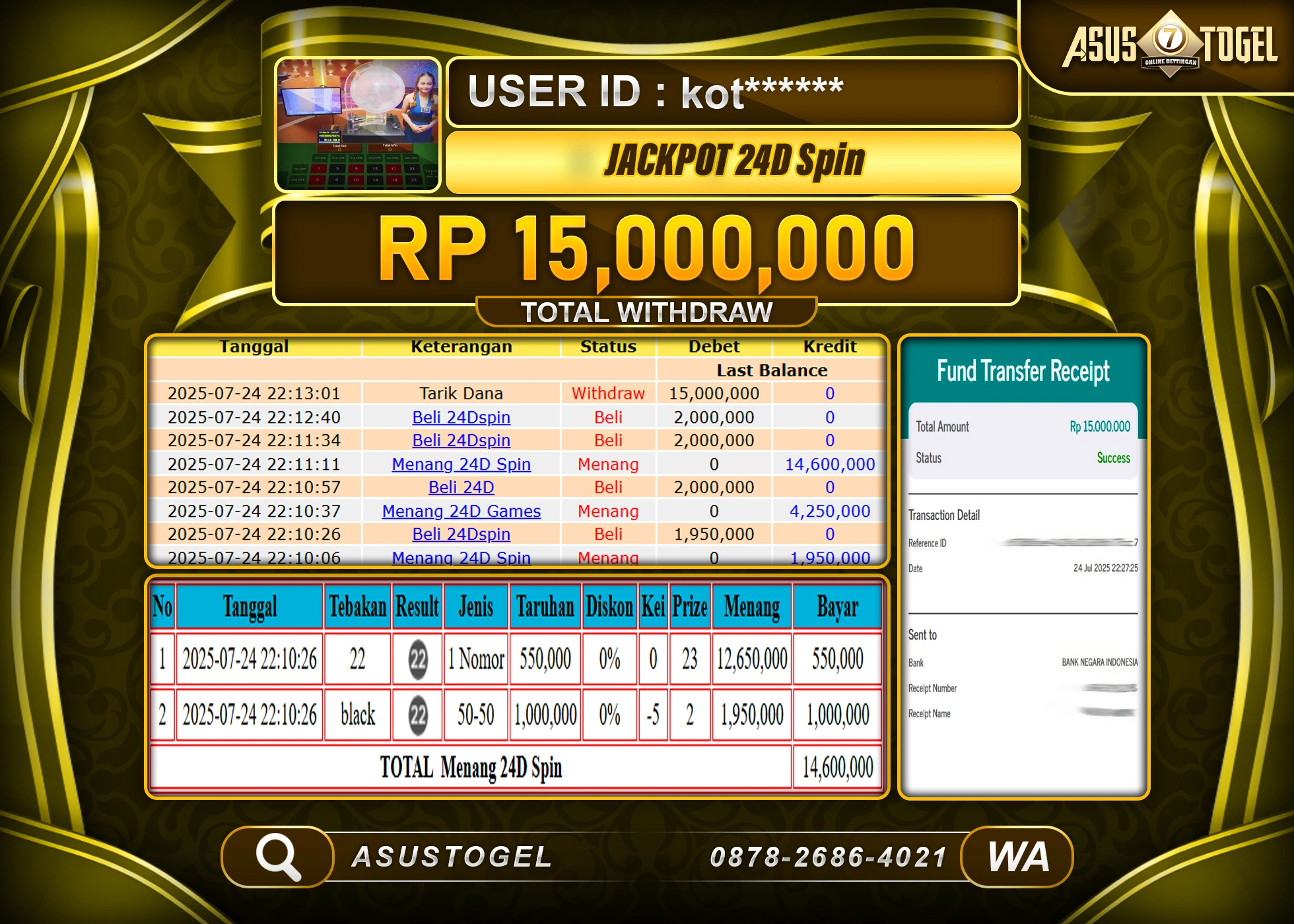 ASUSTOGEL KEMENANGAN DI LIVEGAME 24D GAMES SEBESAR 15,000,000- RUPIAH LUNAS