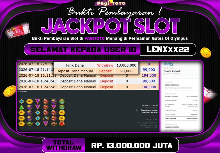 HAPPY JACKPOT MEMBER PAGITOTO SLOT GATES OF OLYMPUS 1000 Rp 13.000.000-, - LUNAS