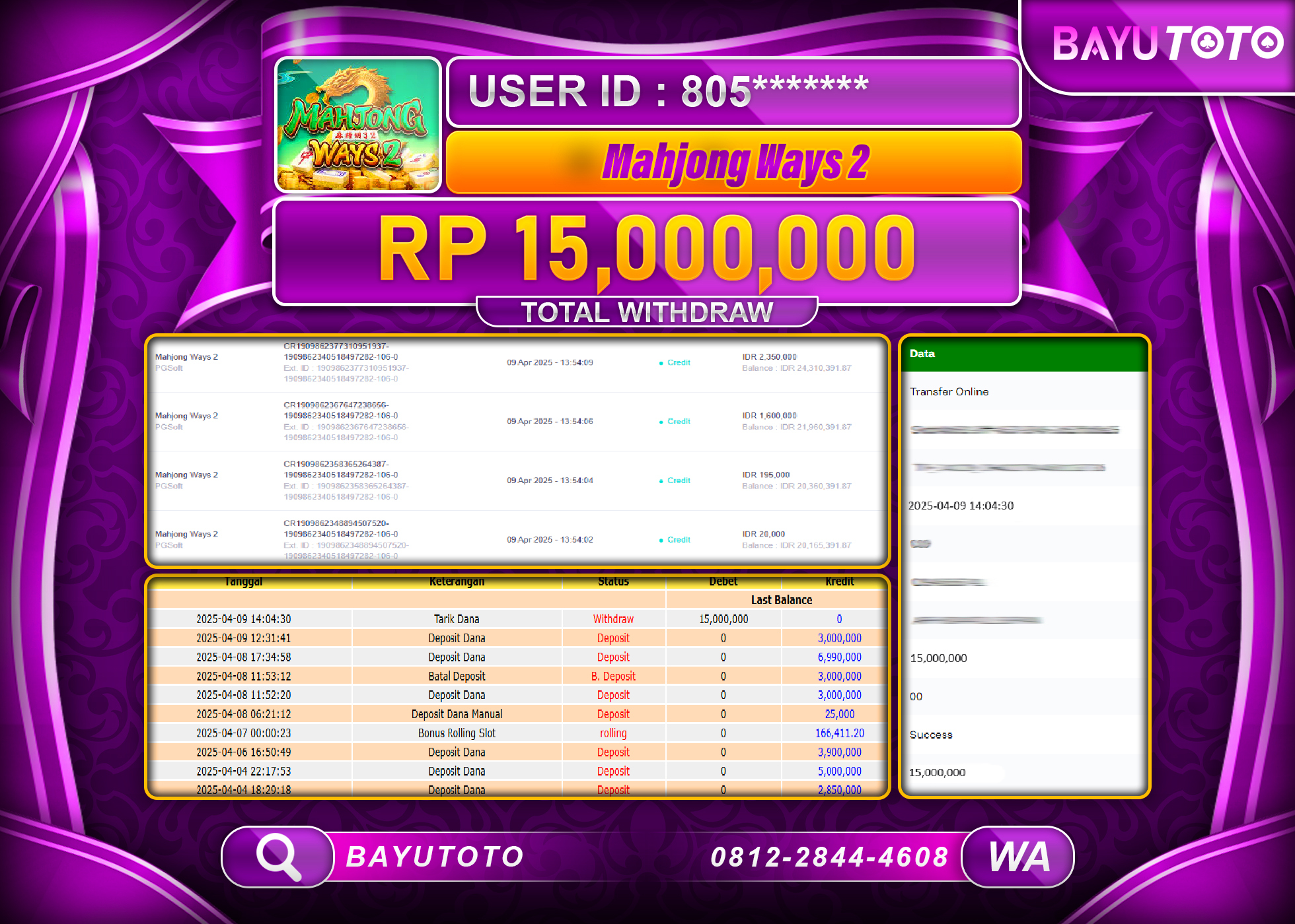 BAYUTOTO JACKPOT  DI SLOT MAHJONG WAYS 2 PG SOFT Rp.15,000.000 LUNAS