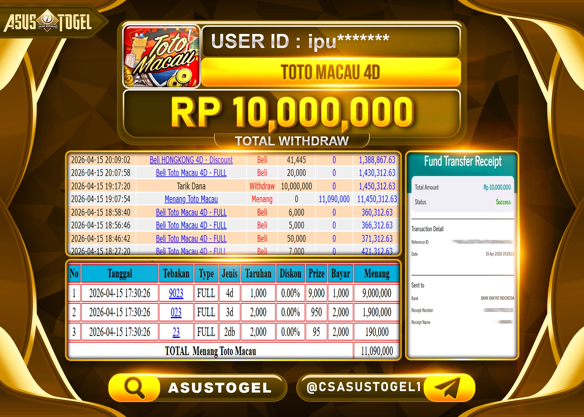 ASUSTOGEL KEMENANGAN JACKPOT DI PERMAINAN TOTO MACAU 4D SEBESAR Rp.10,000,000 - RUPIAH LUNAS