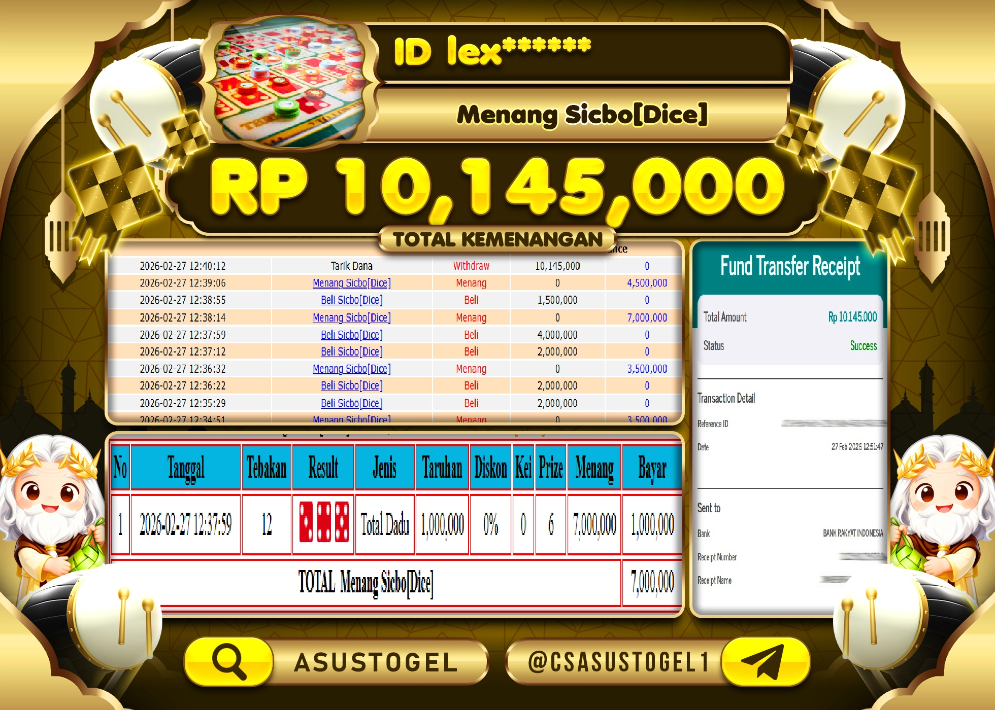 ASUSTOGEL KEMENANGAN DI LIVE GAMES SICBO [DICE] SEBESAR 10,145,000 - RUPIAH LUNAS