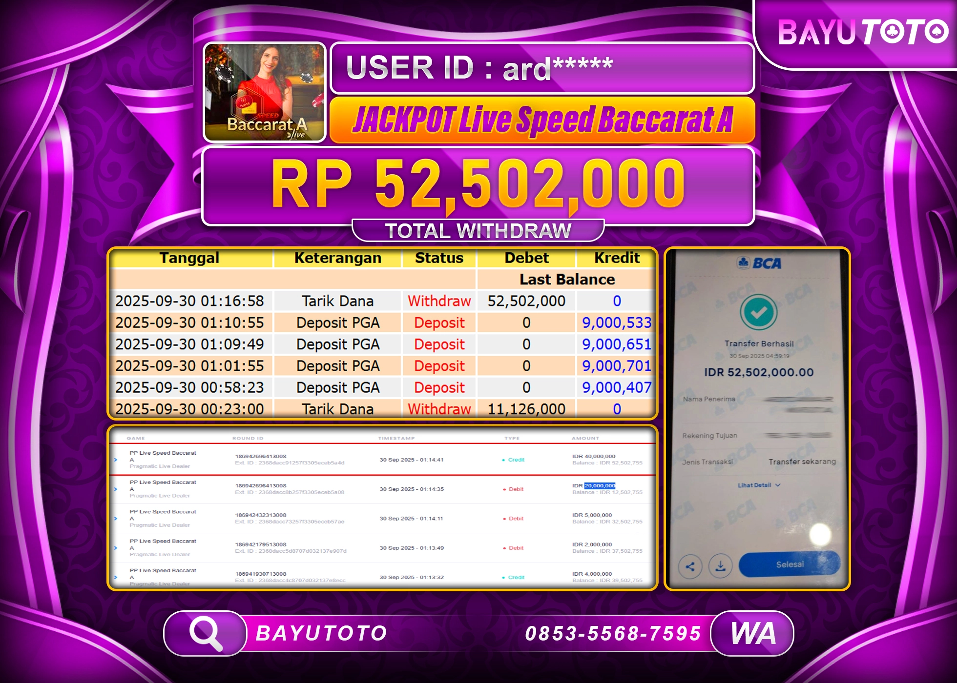 BAYUTOTO JACKPOT DI GAME  LIVEGAMES PP LIVE SPEED BACCARAT  Rp.52,502,000 LUNAS