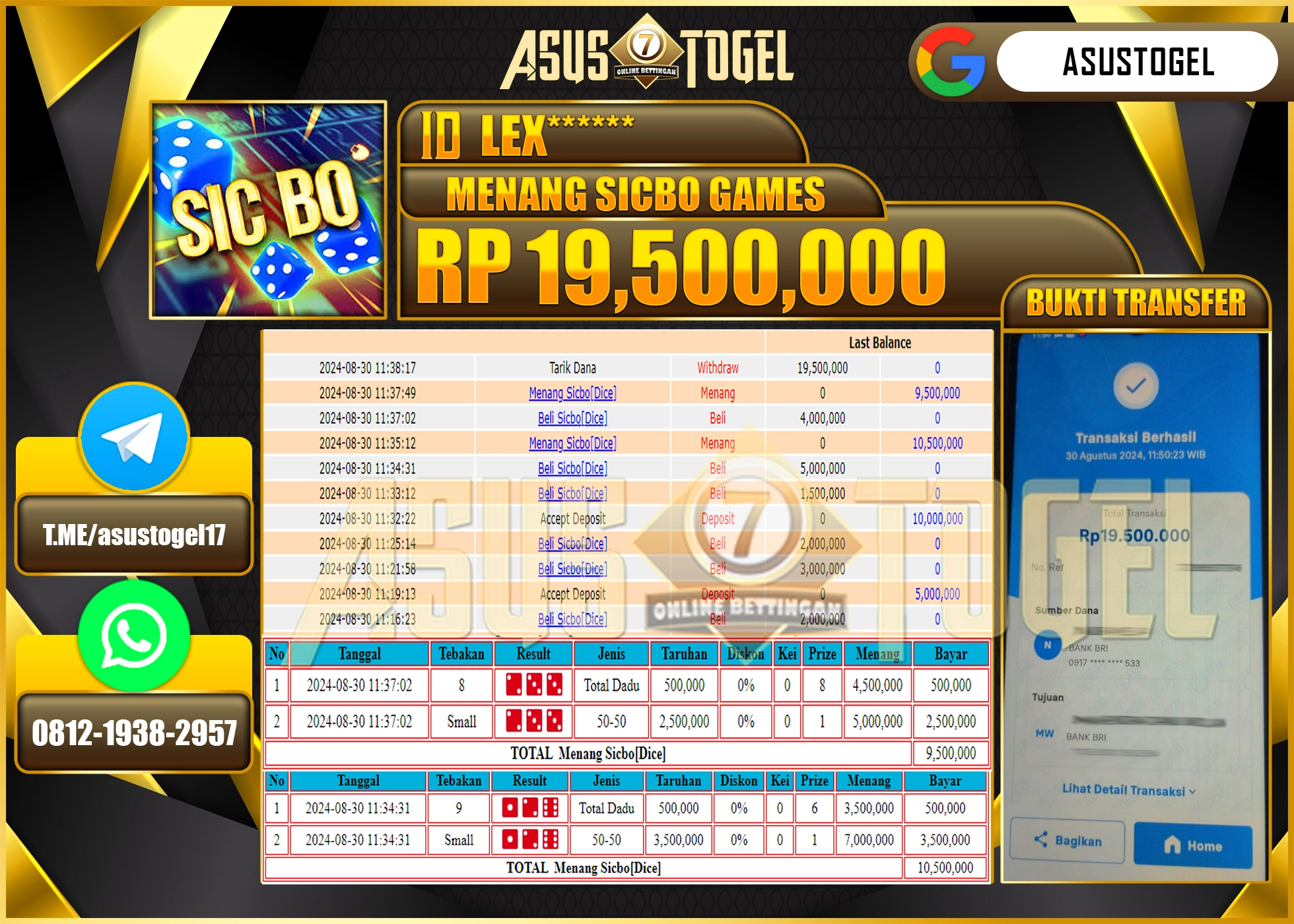 ASUSTOGEL KEMENANGAN DI LIVEGAME SICBO GAMES SEBESAR  19,500,000- RUPIAH LUNAS