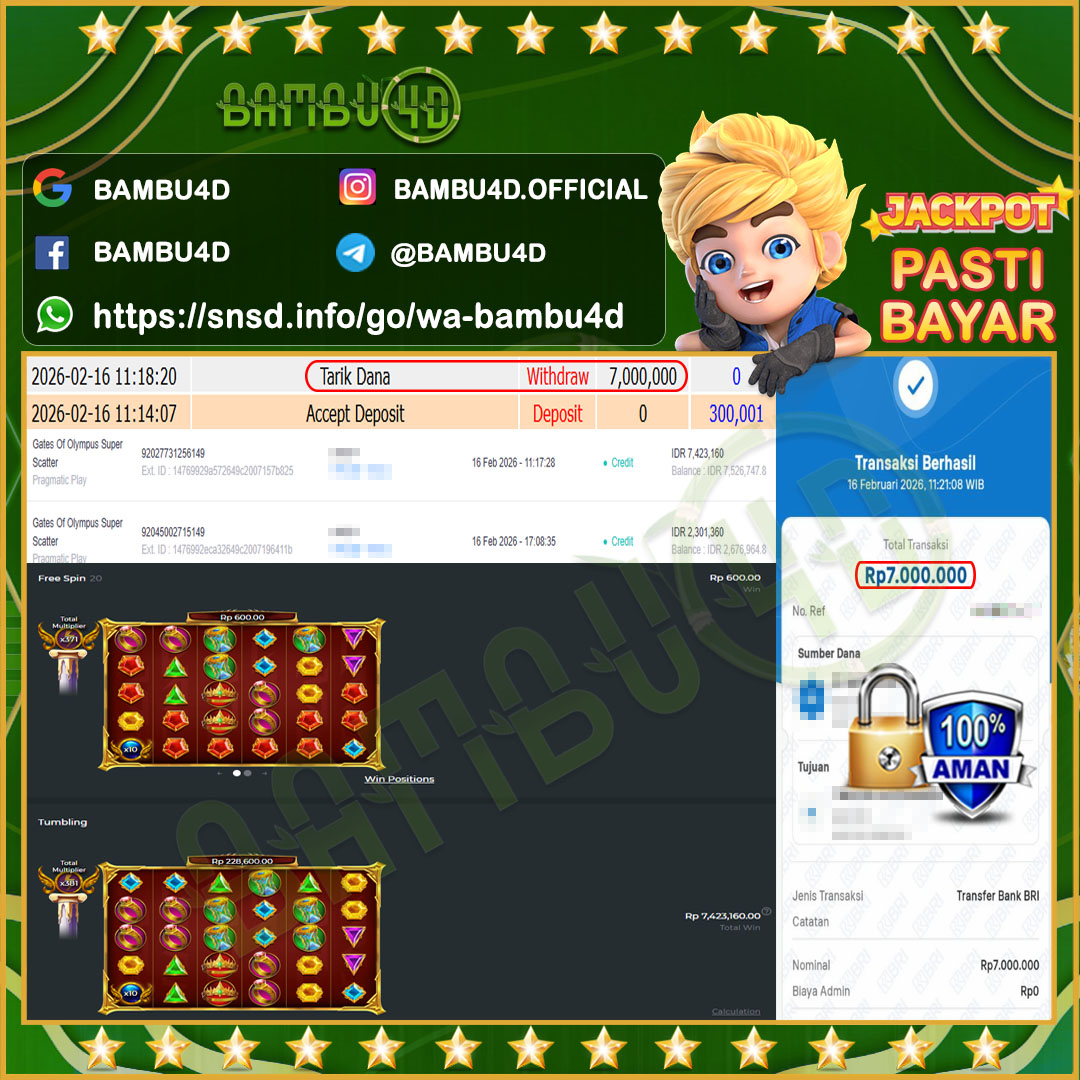 BAMBU4D JACKPOT SLOT PRAGMATIC GATES OF OLYMPUS SUPER SCATTER Rp.7.423.160,- LUNAS