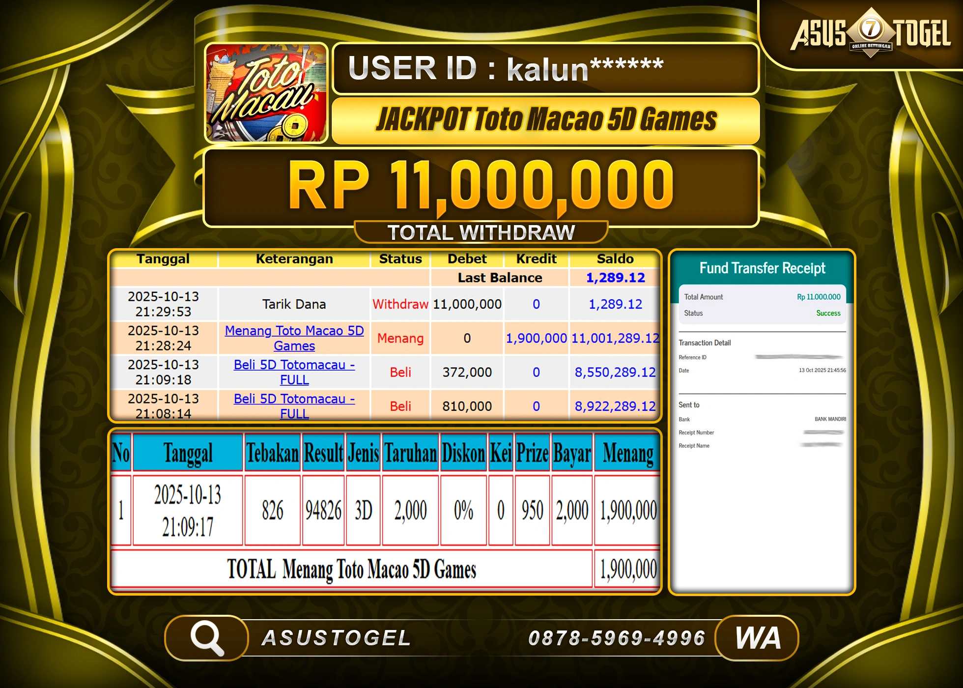 ASUSTOGEL KEMENANGAN DI TOGEL TOTO MACAU 5D SEBESAR 11,000,000- RUPIAH LUNAS