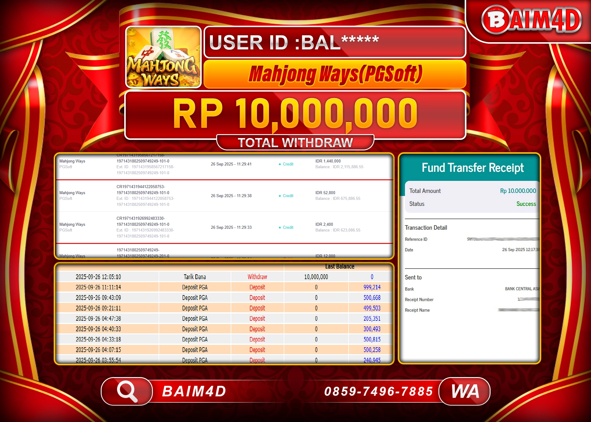 BAIM4D JACKPOT SLOT MAHJONG WAYS PG SOFT Rp.10,000,000.- LUNAS