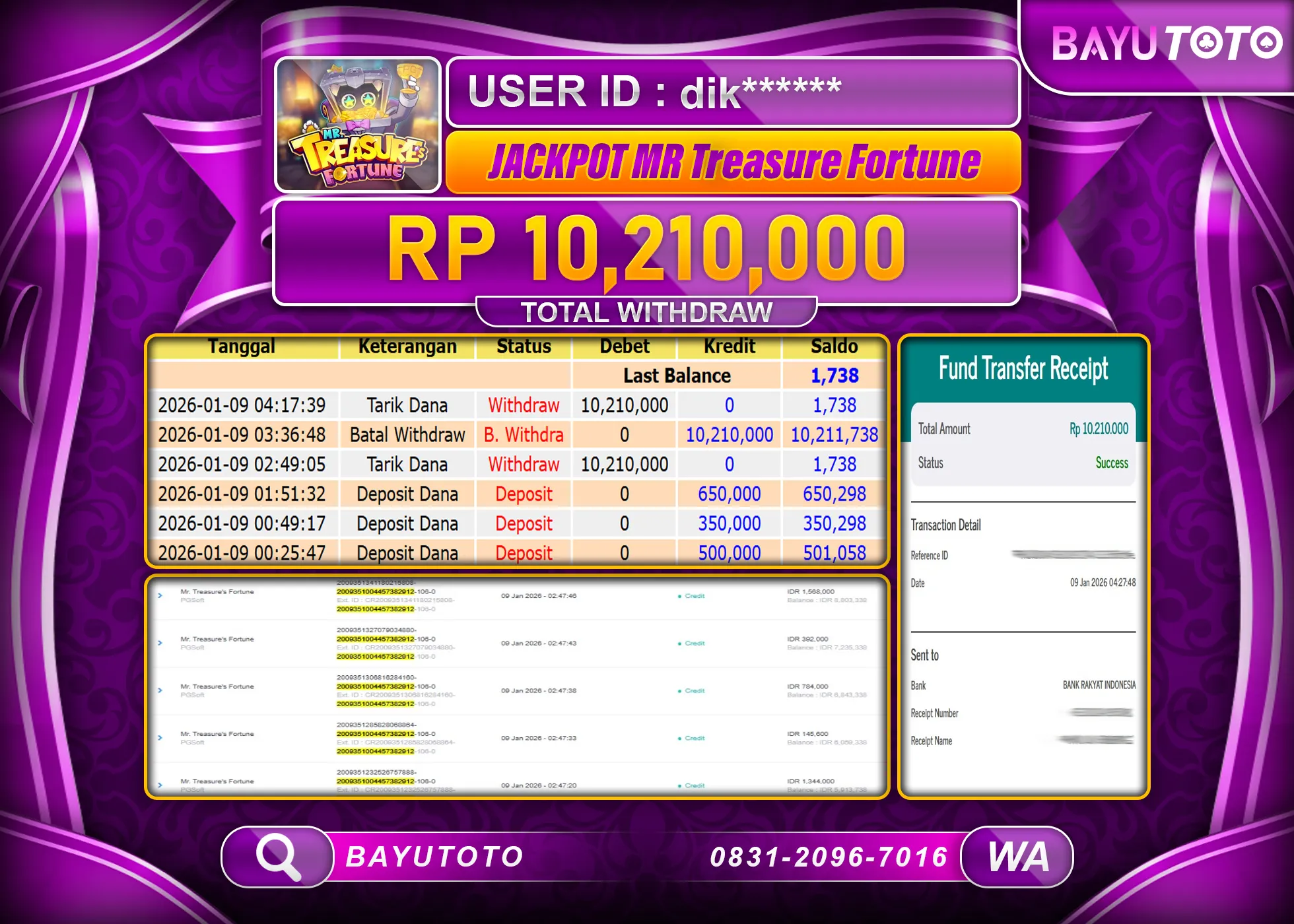 SELAMAT KEPADA MEMBER SETIA BAYUTOTO JACKPOT MR TREASURE FORTUNE  Rp. 10,210,000 LUNAS