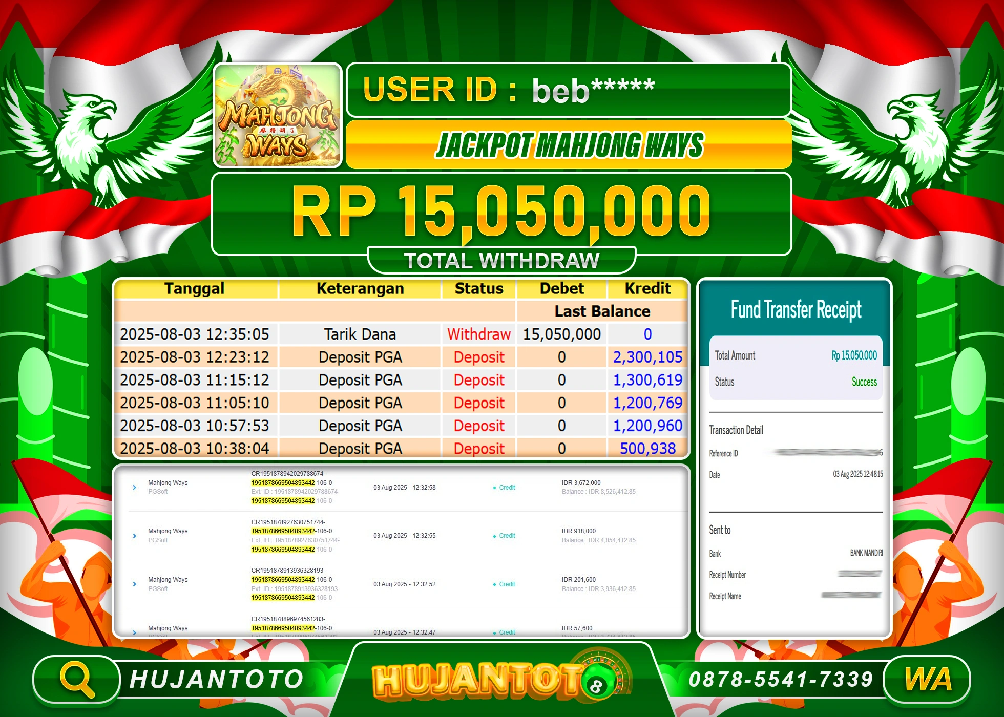 HUJANTOTO - BUKTI JACKPOT MENANG SLOT MAHJONG WAYS Rp.15,050,000 - TERBAYAR LUNAS