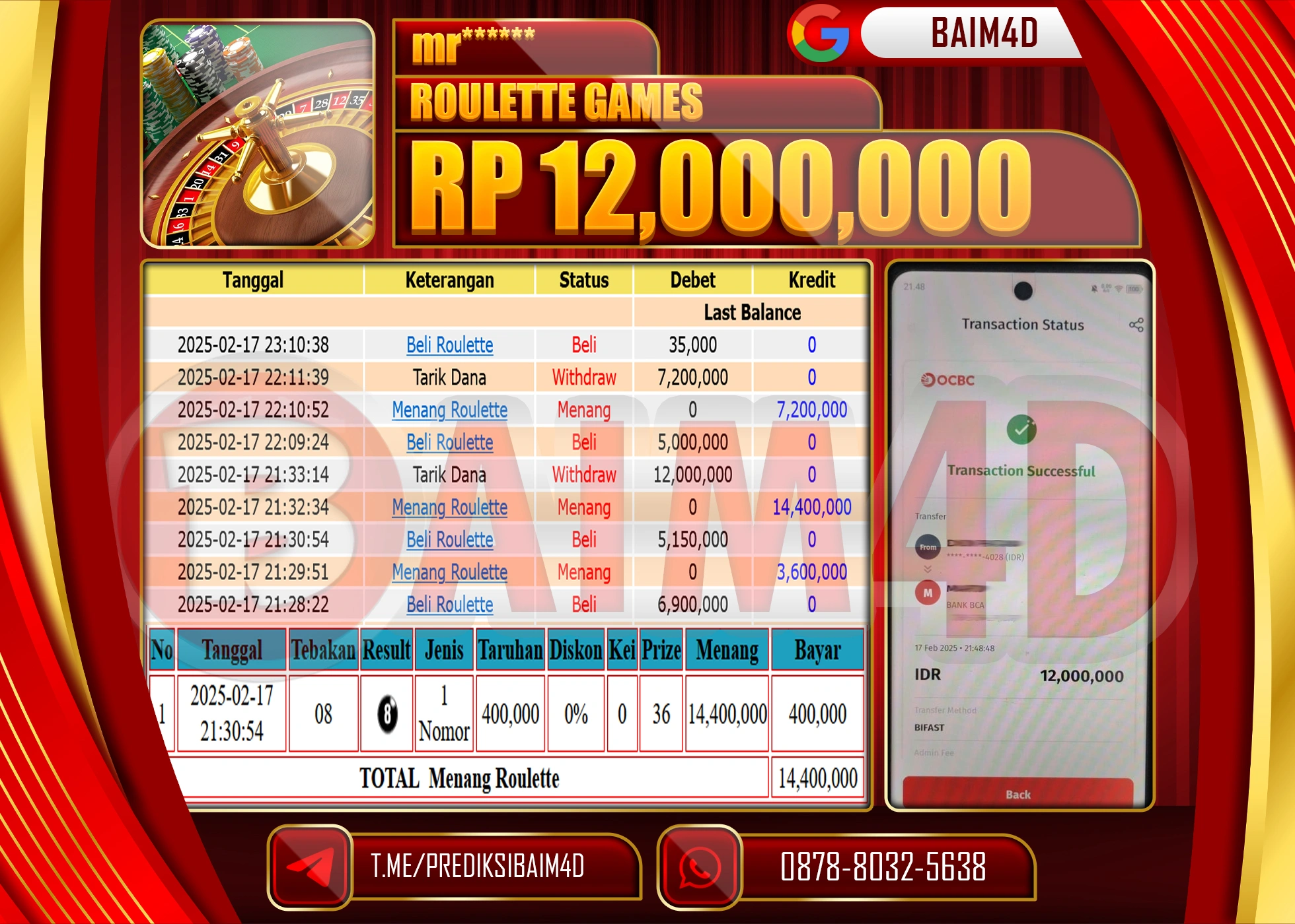 BAIM4D MENANG  MENANG ROULLETE GAMES   Rp.12.000,000.