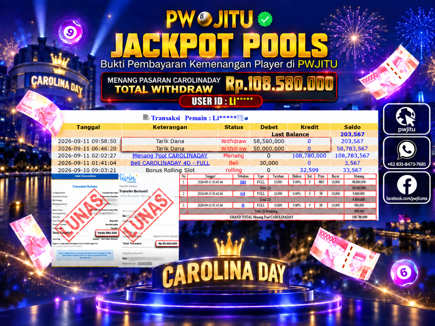 PWJITU JACKPOT TOGEL POOL CAROLINADAY Rp.84,000,000,- LUNAS