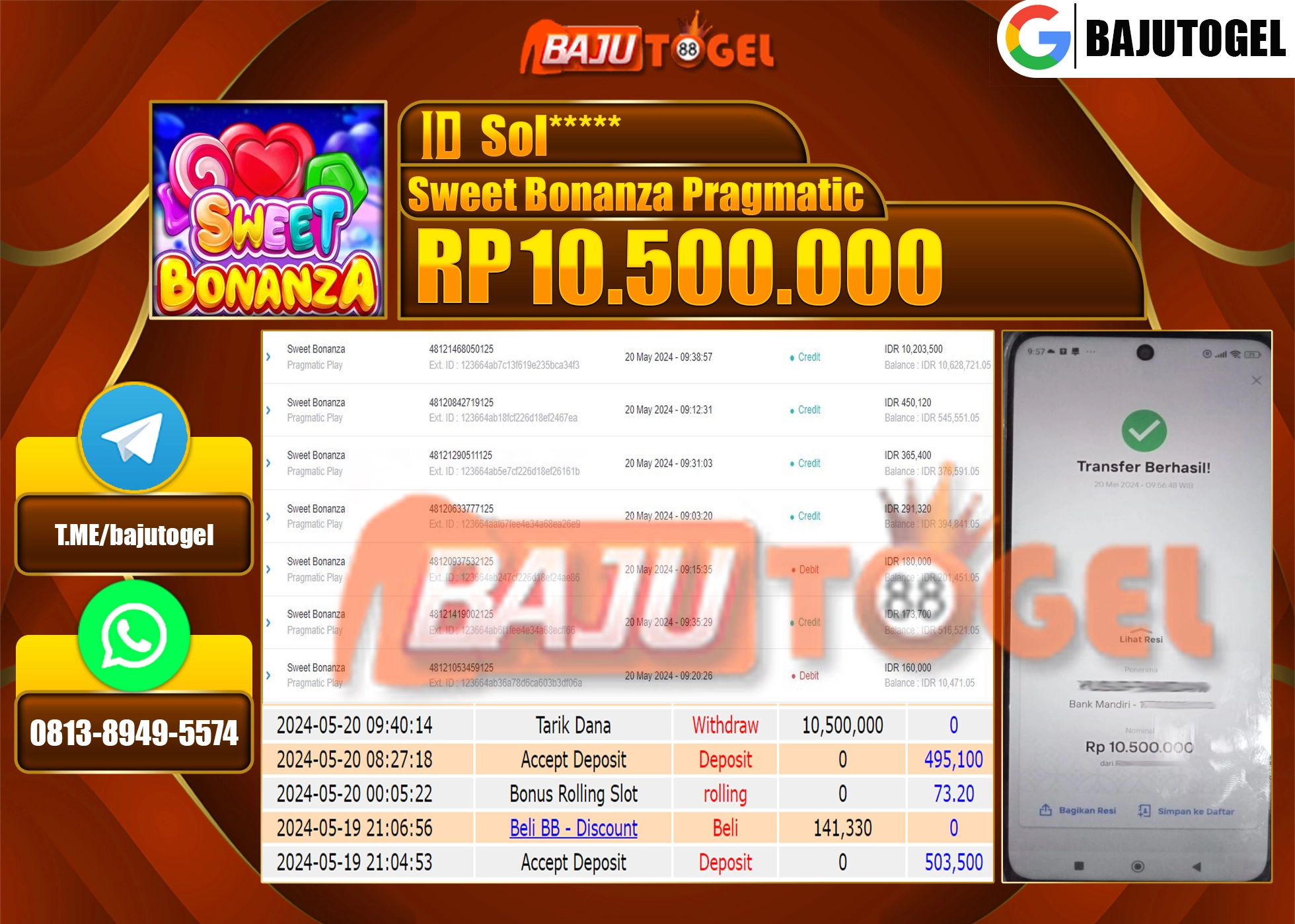 BAJUTOGEL JACKPOT SLOT SWEET BONANZA Rp.10.500.000 LUNAS