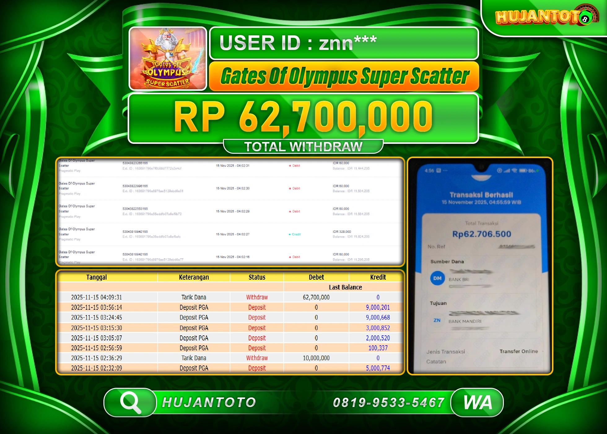 HUJANTOTO - BUKTI JACKPOT MENANG SLOT GATES OF OLYMPUS SUPER SCATTER Rp.62,700,000 - TERBAYAR LUNAS