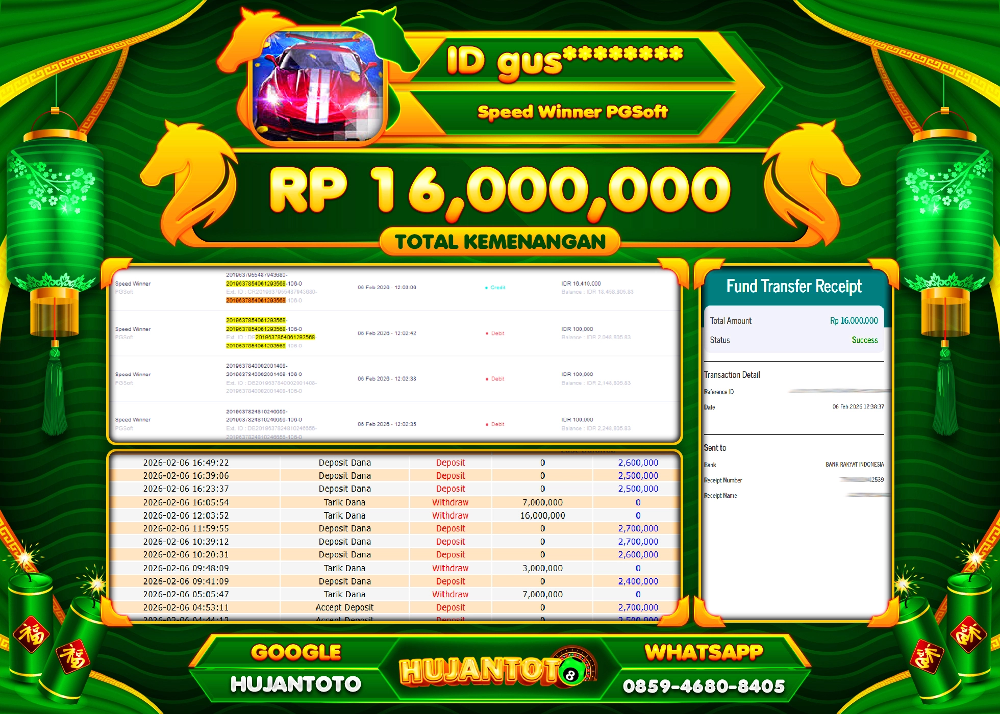 HUJANTOTO - BUKTI JACKPOT MENANG SLOT SPEED WINNER Rp.16,000,000 - TERBAYAR LUNAS