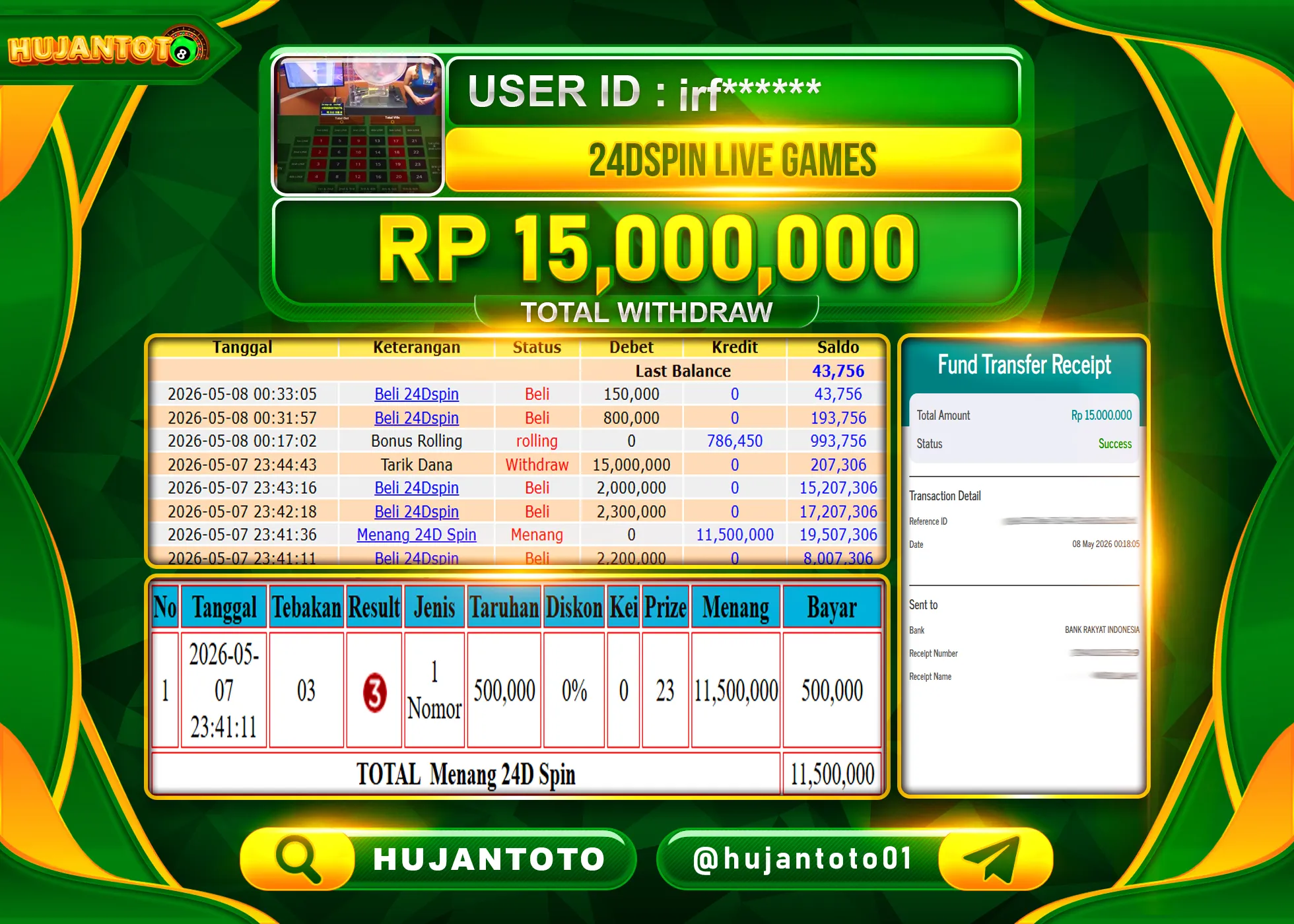 HUJANTOTO - BUKTI JACKPOT MENANG LIVEGAME 24D SPIN GAMES Rp.15,000,000 - TERBAYAR LUNAS