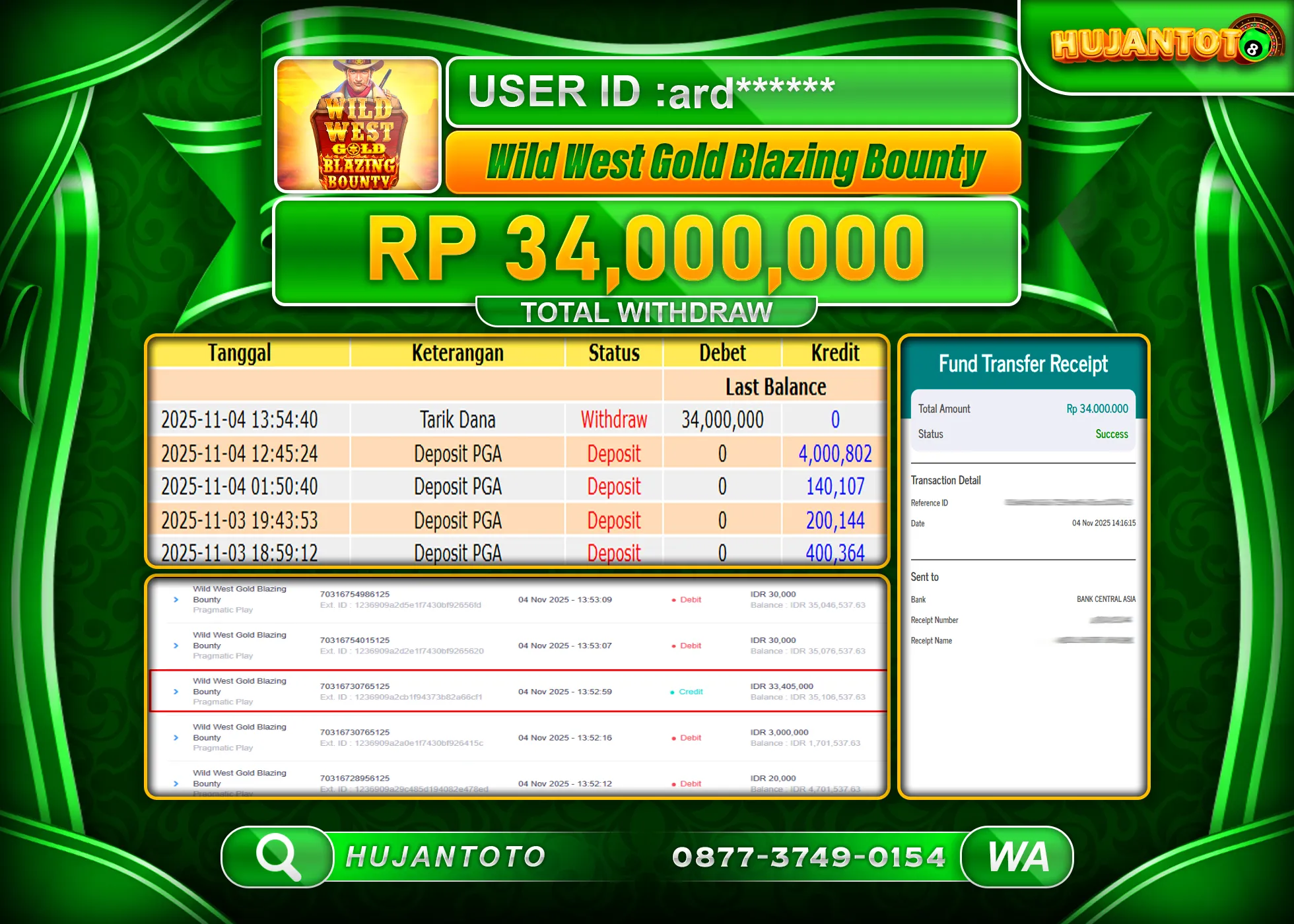 HUJANTOTO - BUKTI JACKPOT MENANG SLOT WILD WEST GOLD BLAZING BOUNTY Rp.34,000,000 - TERBAYAR LUNAS