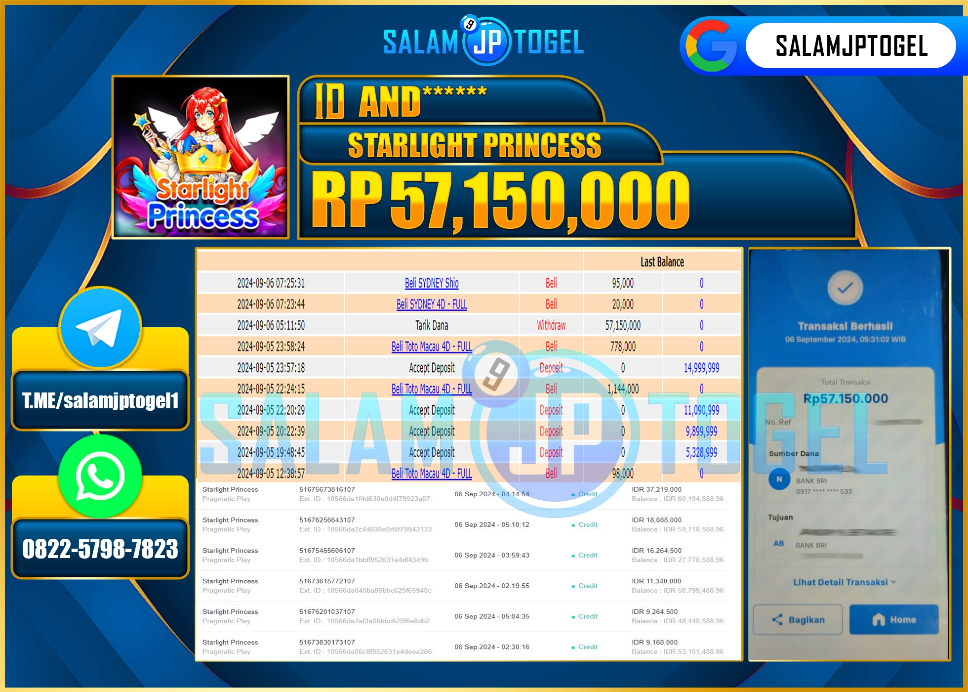 SALAMJPTOGEL MENANG SLOT STARLIGHT PRINCESS RP. 57,150,000 LUNAS