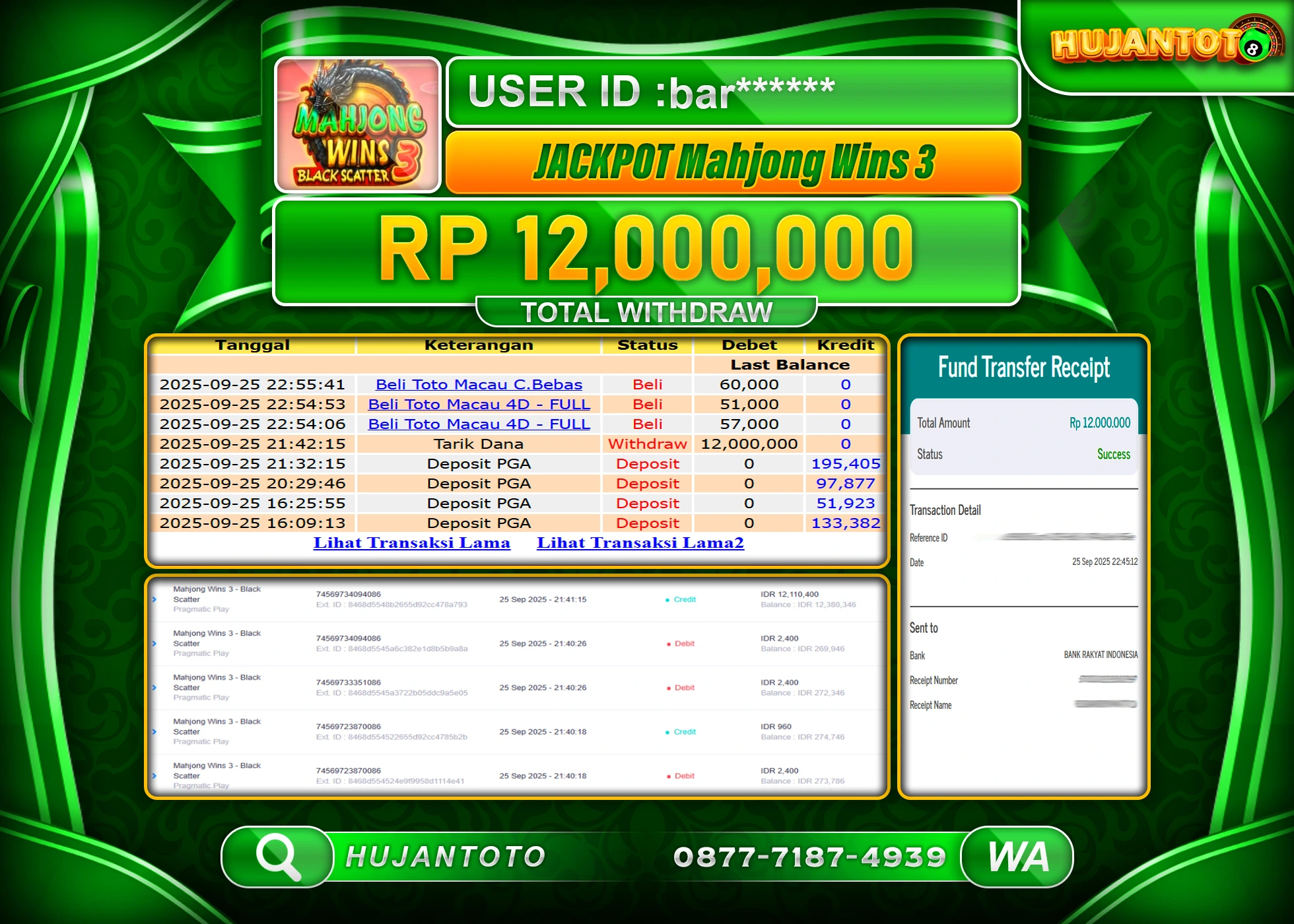 HUJANTOTO - BUKTI JACKPOT MENANG SLOT MAHJONG WAYS  3 Rp.12,000,000 - TERBAYAR LUNAS