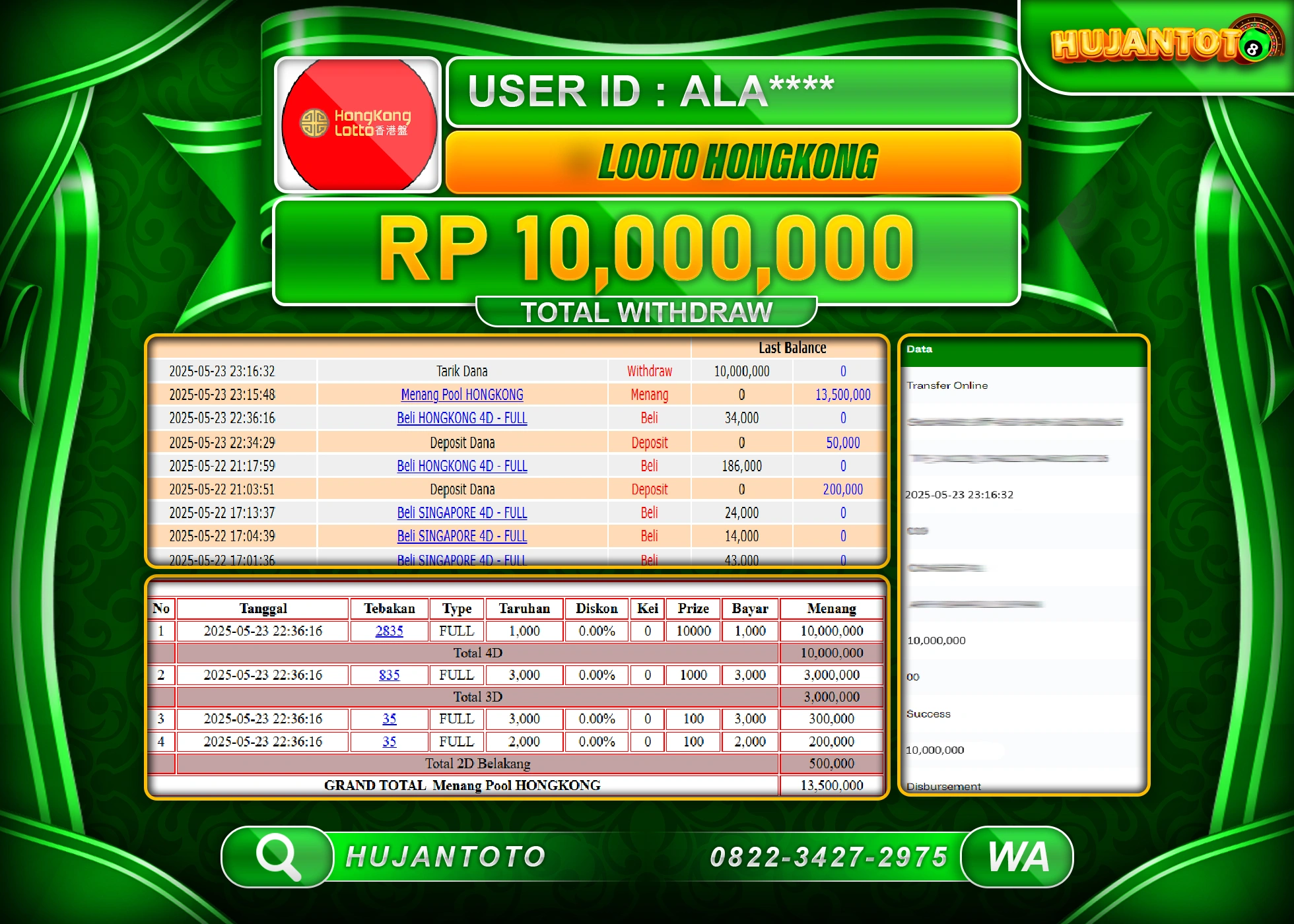 HUJANTOTO - BUKTI JACKPOT MENANG TOGEL HONGKONG LOTTO - Rp,10,000,000 - TERBAYAR LUNAS