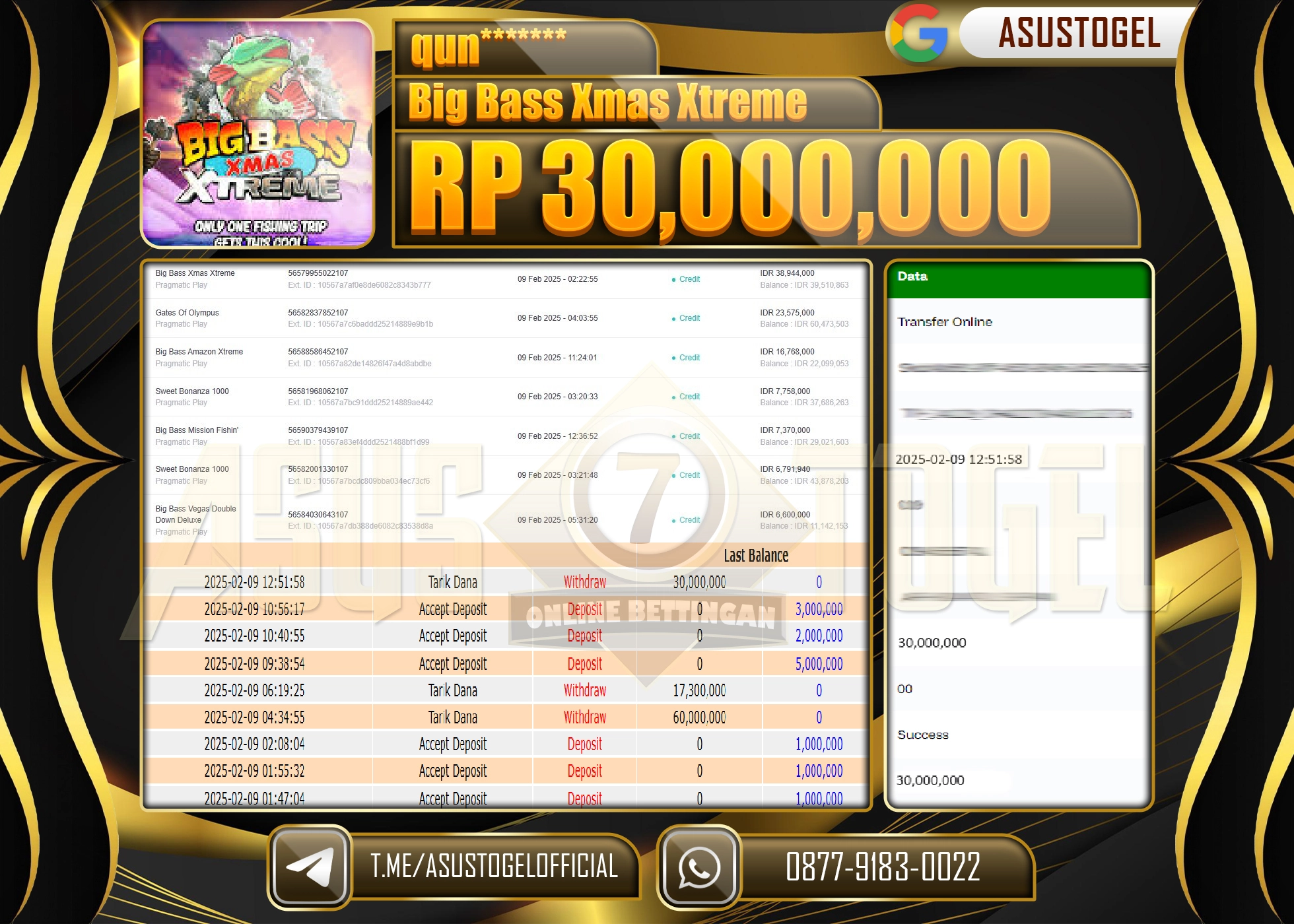 ASUSTOGEL KEMENANGAN DI BIG BAS XMAS XTREME SEBESAR 30,000,000 - RUPIAH LUNAS