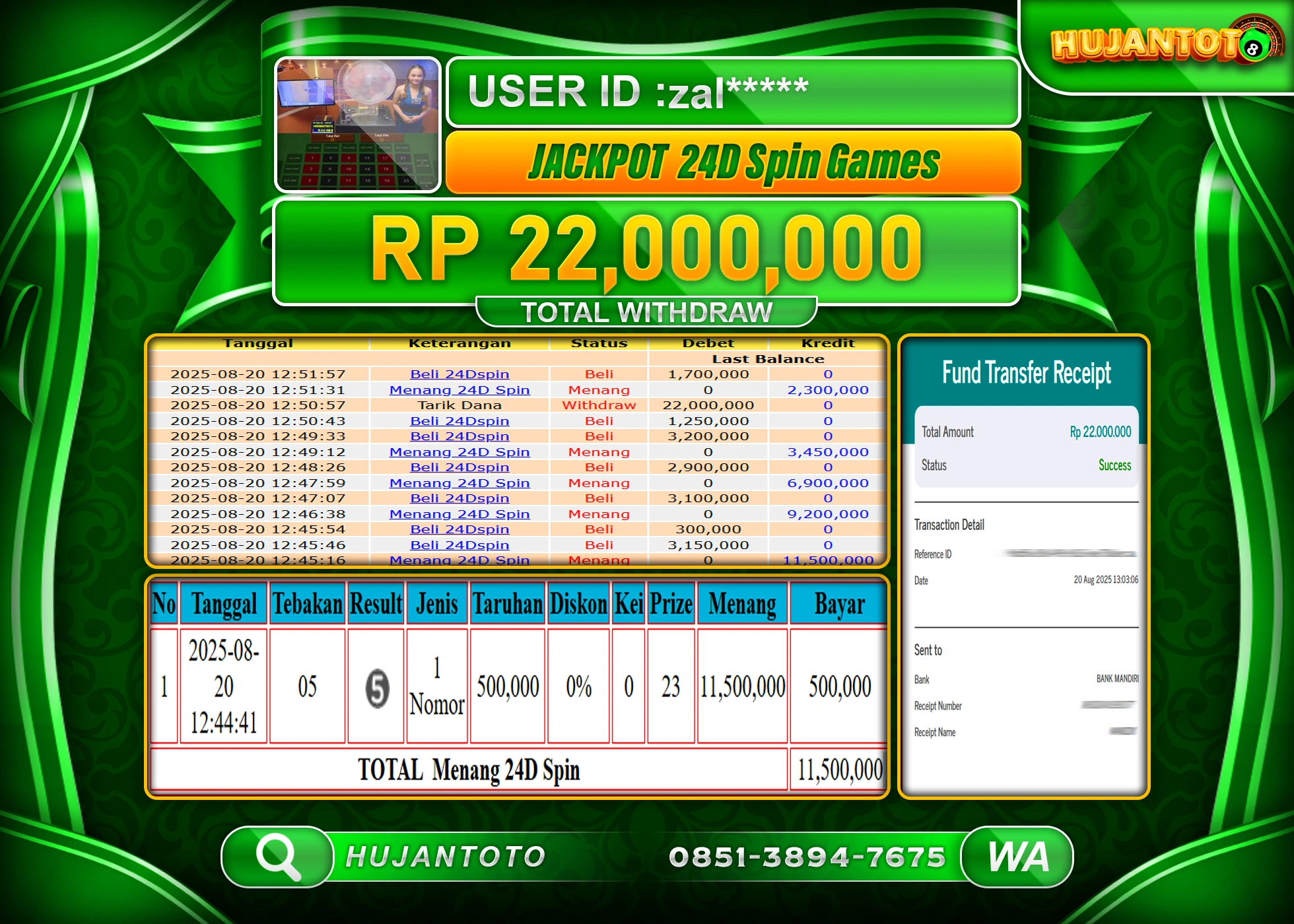 HUJANTOTO - BUKTI JACKPOT MENANG LIVEGAME 24D SPIN GAMES Rp.22,000,000 - TERBAYAR LUNAS
