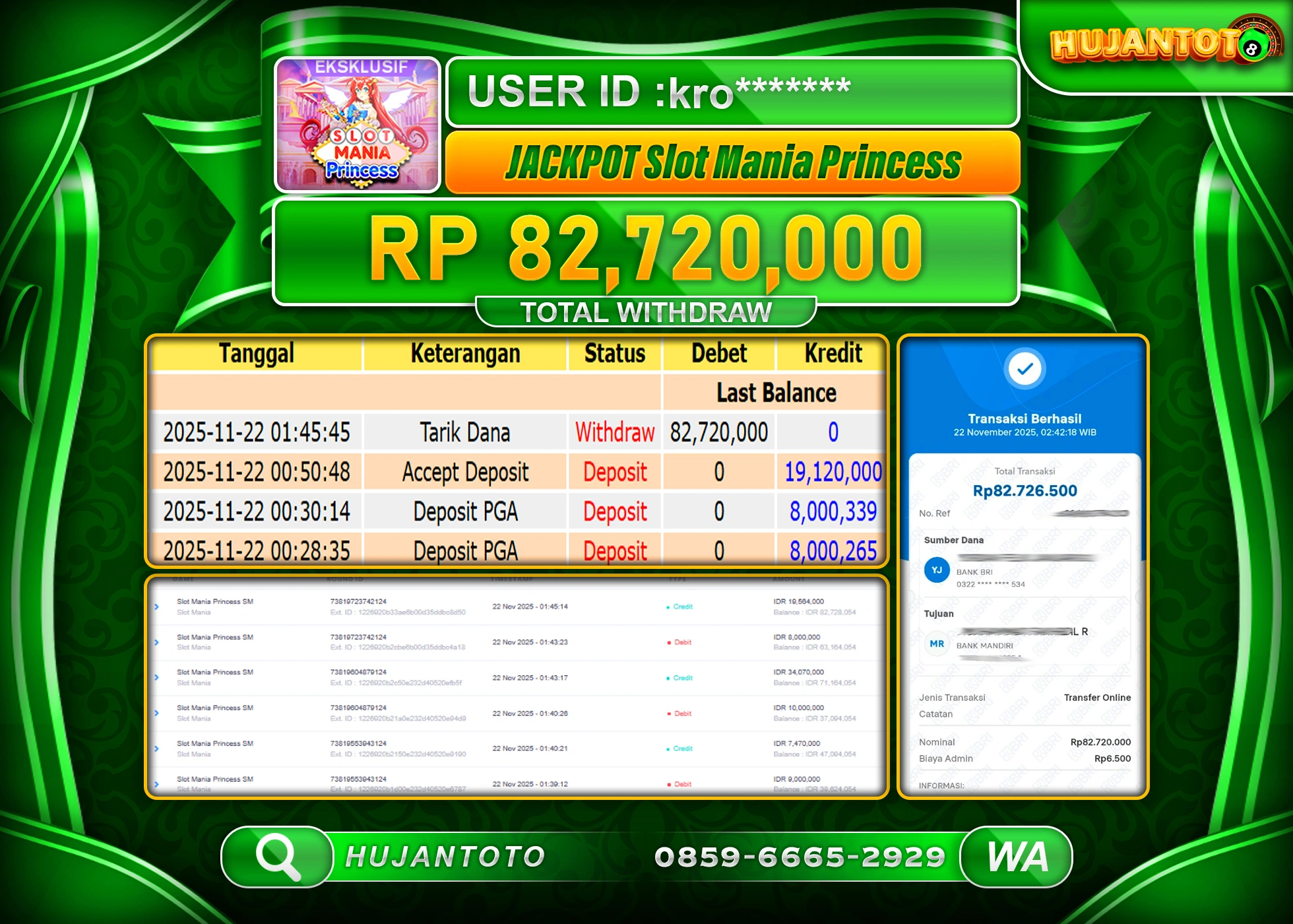 HUJANTOTO - BUKTI JACKPOT SLOT MANIA PRINCESS - SLOT MANIA Rp.82,720,000 - TERBAYAR LUNAS